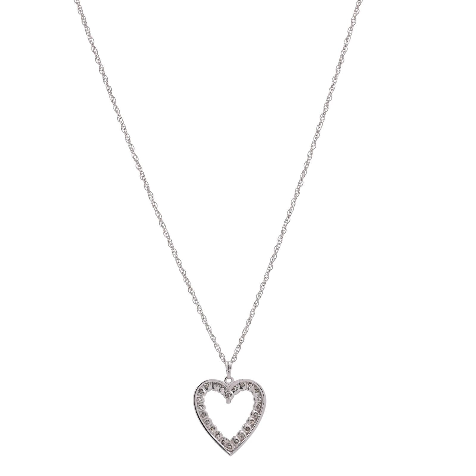 1.20 TW Diamond Open Heart Pendant Rope Chain Necklace White Gold 18" Ladies