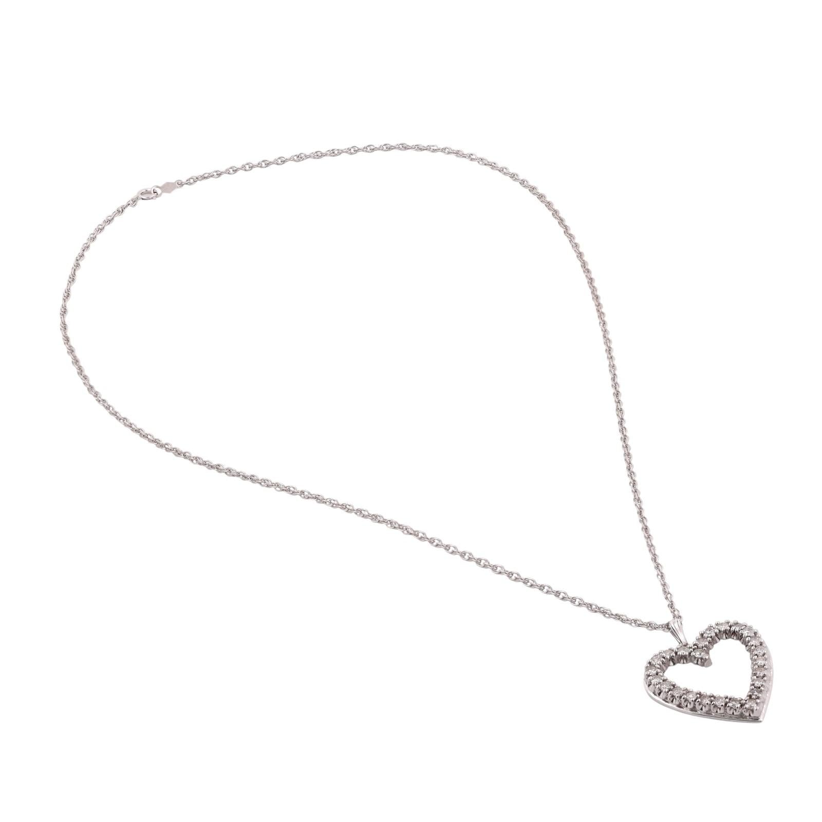 1.20 TW Diamond Open Heart Pendant Rope Chain Necklace White Gold 18" Ladies