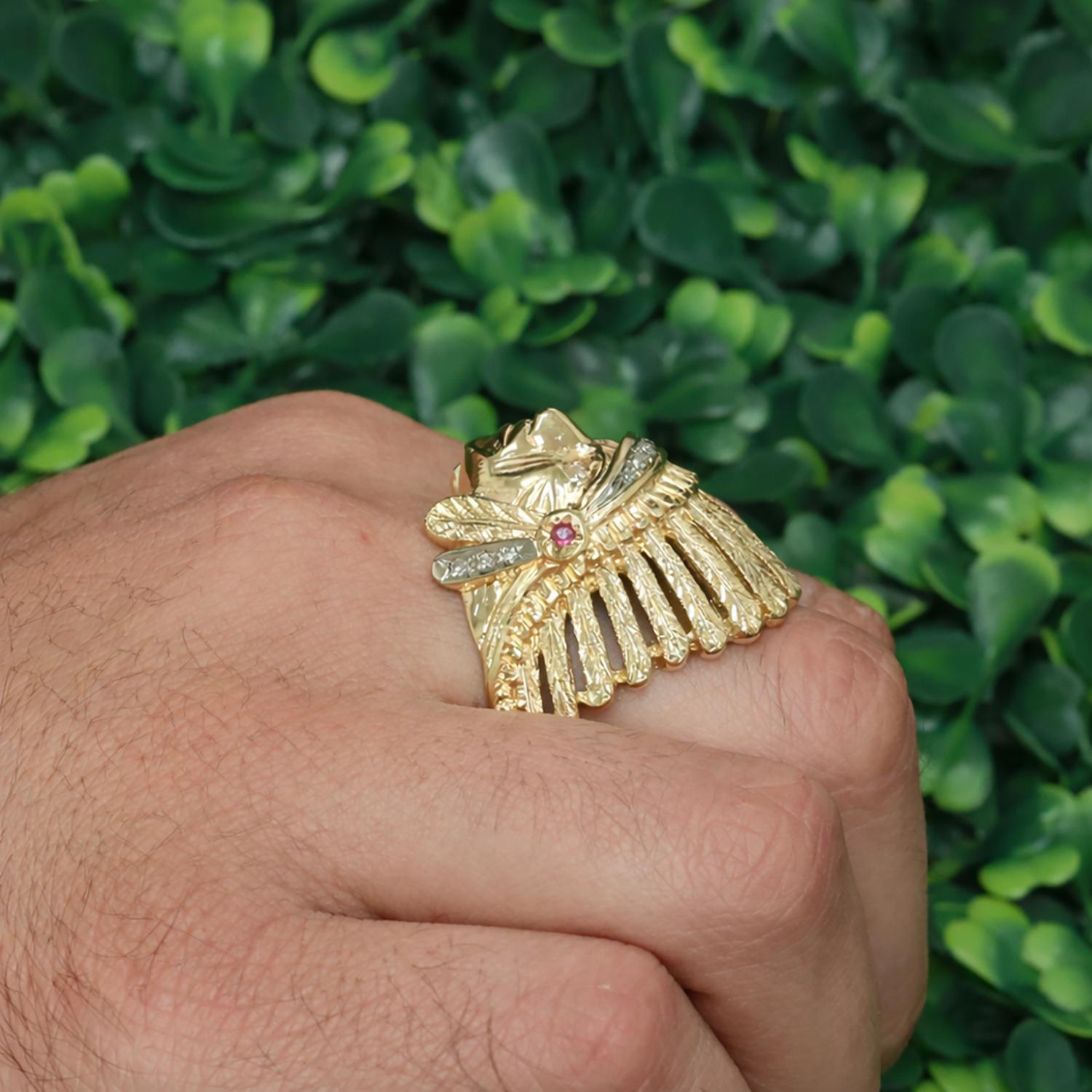 Indian Head Statement Ring Yellow Gold Diamond and Ruby Accents Size 12.75
