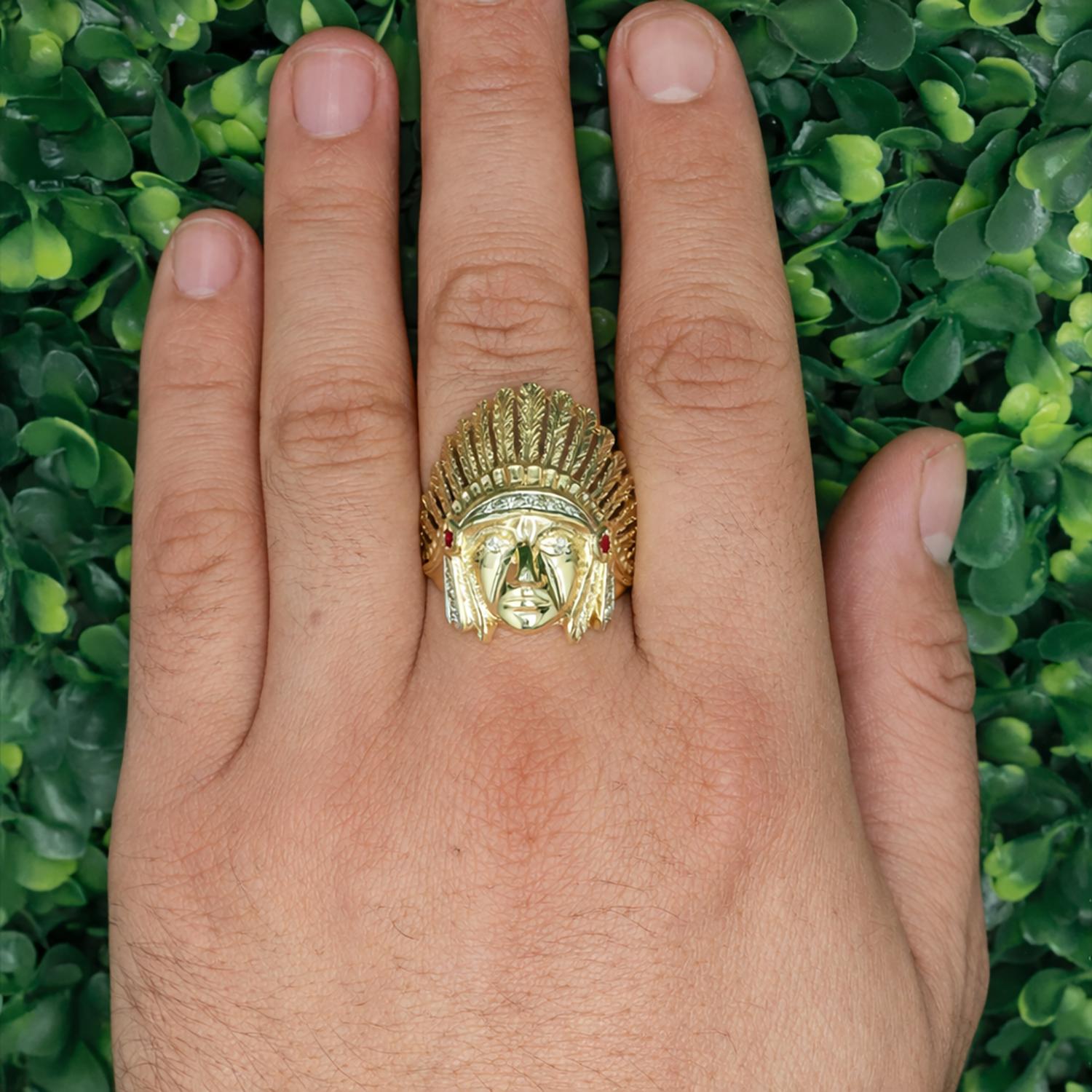 Indian Head Statement Ring Yellow Gold Diamond and Ruby Accents Size 12.75