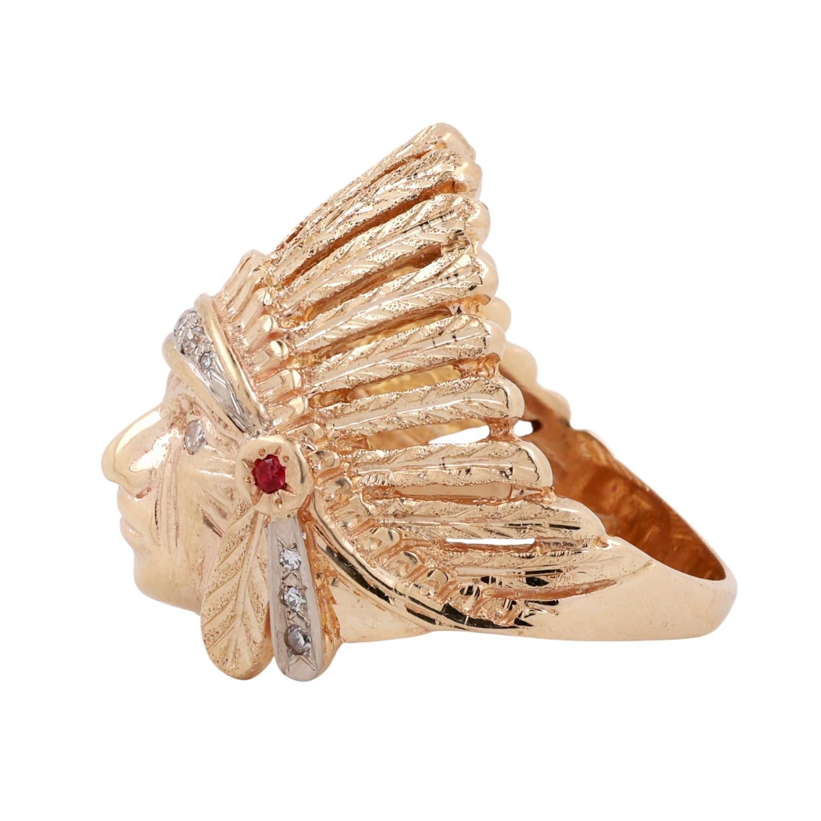 Indian Head Statement Ring Yellow Gold Diamond and Ruby Accents Size 12.75