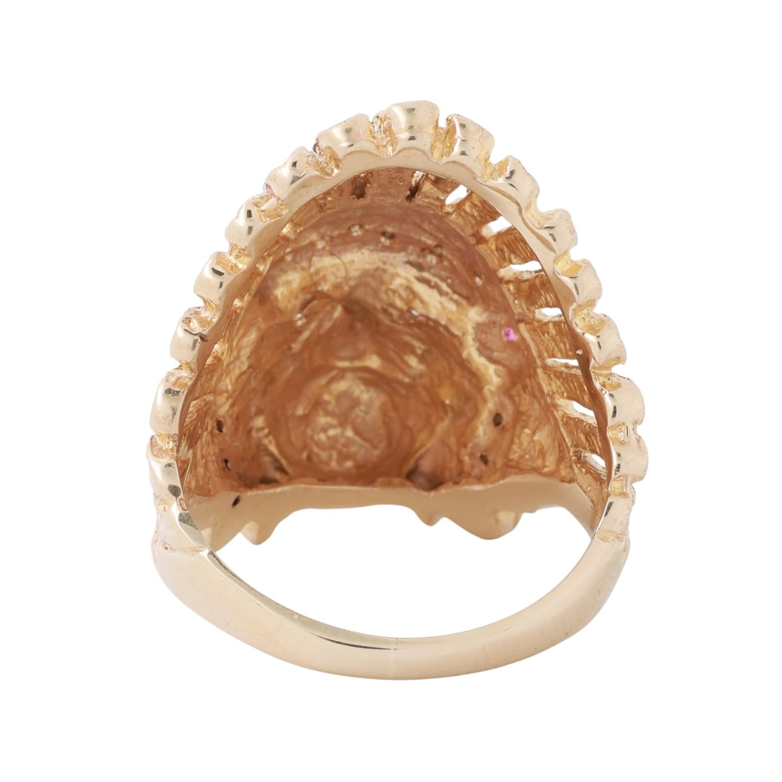 Indian Head Statement Ring Yellow Gold Diamond and Ruby Accents Size 12.75