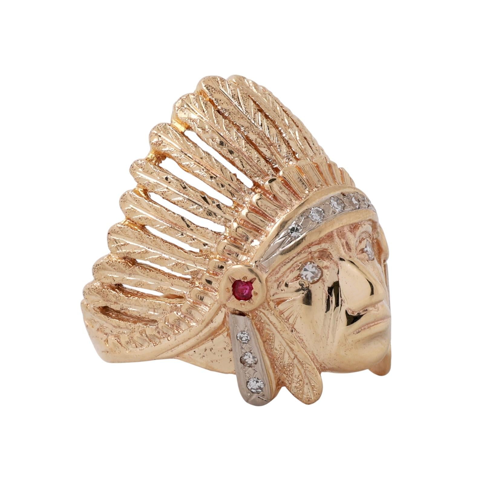 Indian Head Statement Ring Yellow Gold Diamond and Ruby Accents Size 12.75
