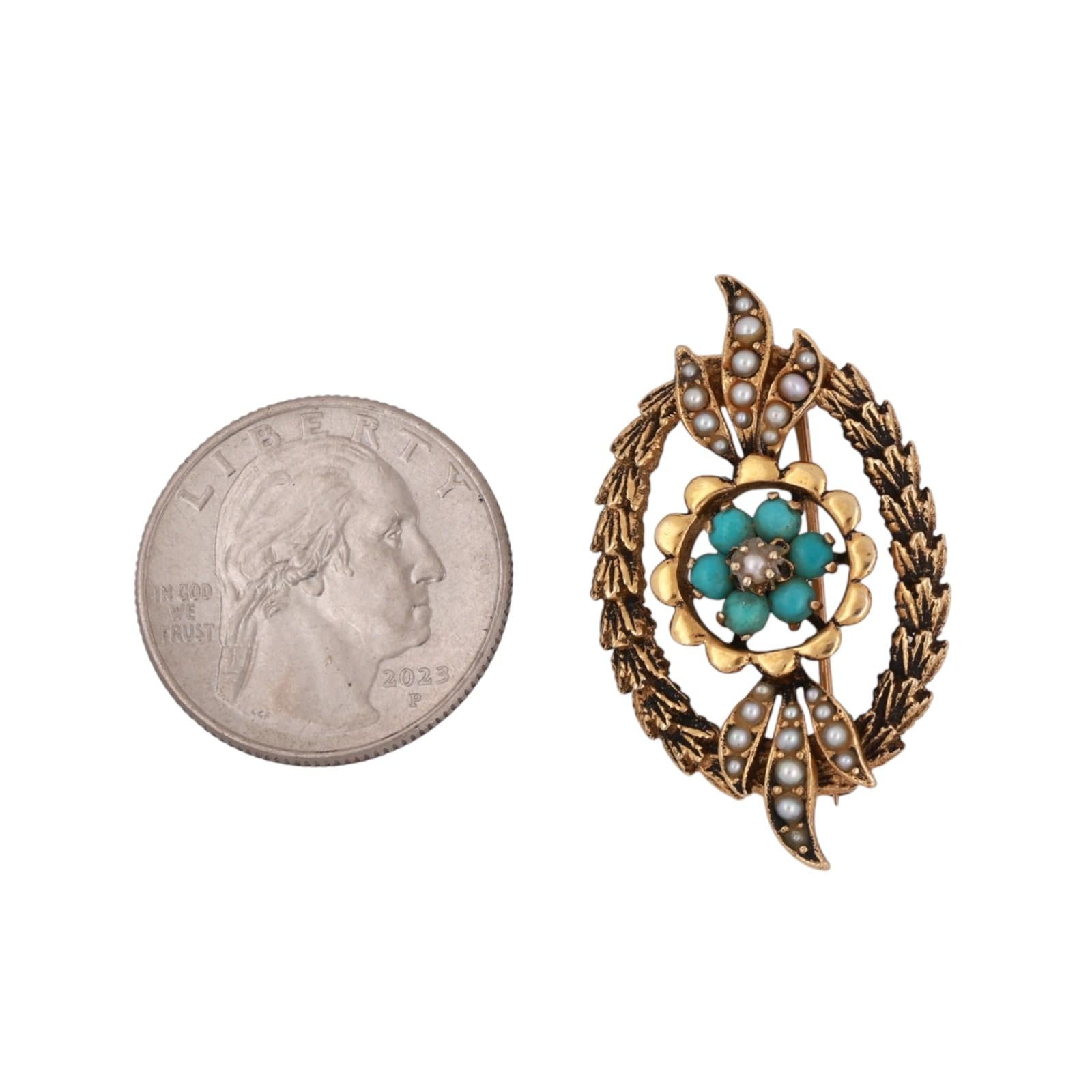 Vintage Turquoise Seed Pearl Floral Wreath Brooch Pin Yellow Gold 0.85” Ladies