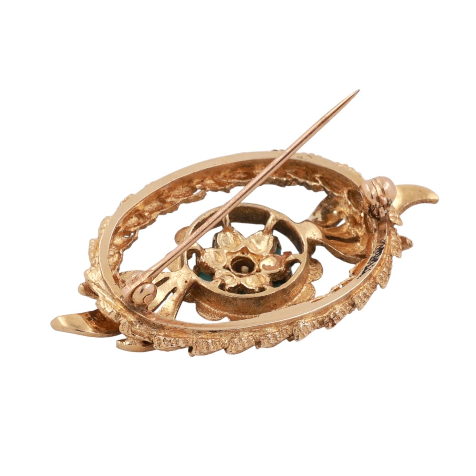 Vintage Turquoise Seed Pearl Floral Wreath Brooch Pin Yellow Gold 0.85” Ladies