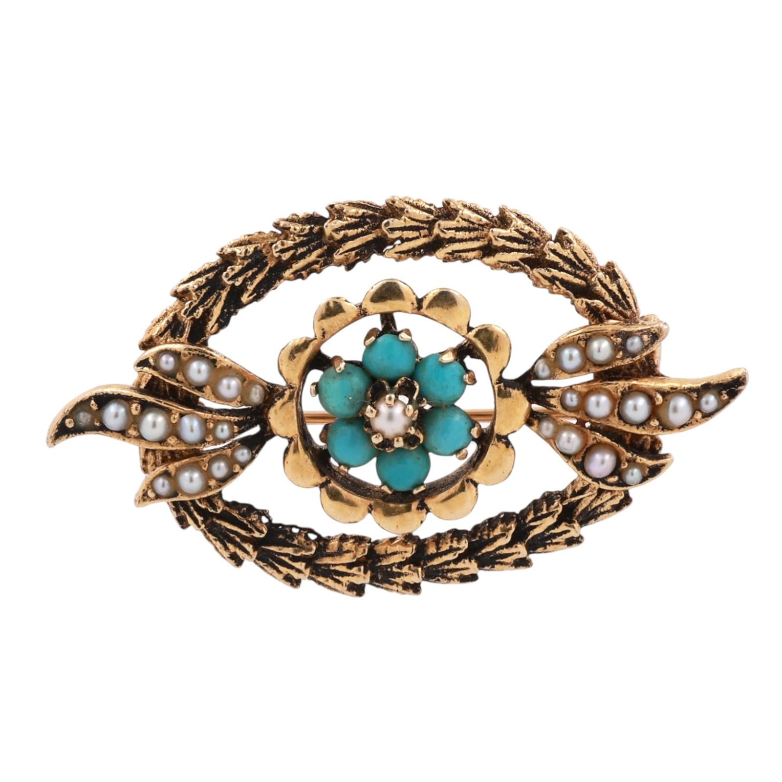Vintage Turquoise Seed Pearl Floral Wreath Brooch Pin Yellow Gold 0.85” Ladies
