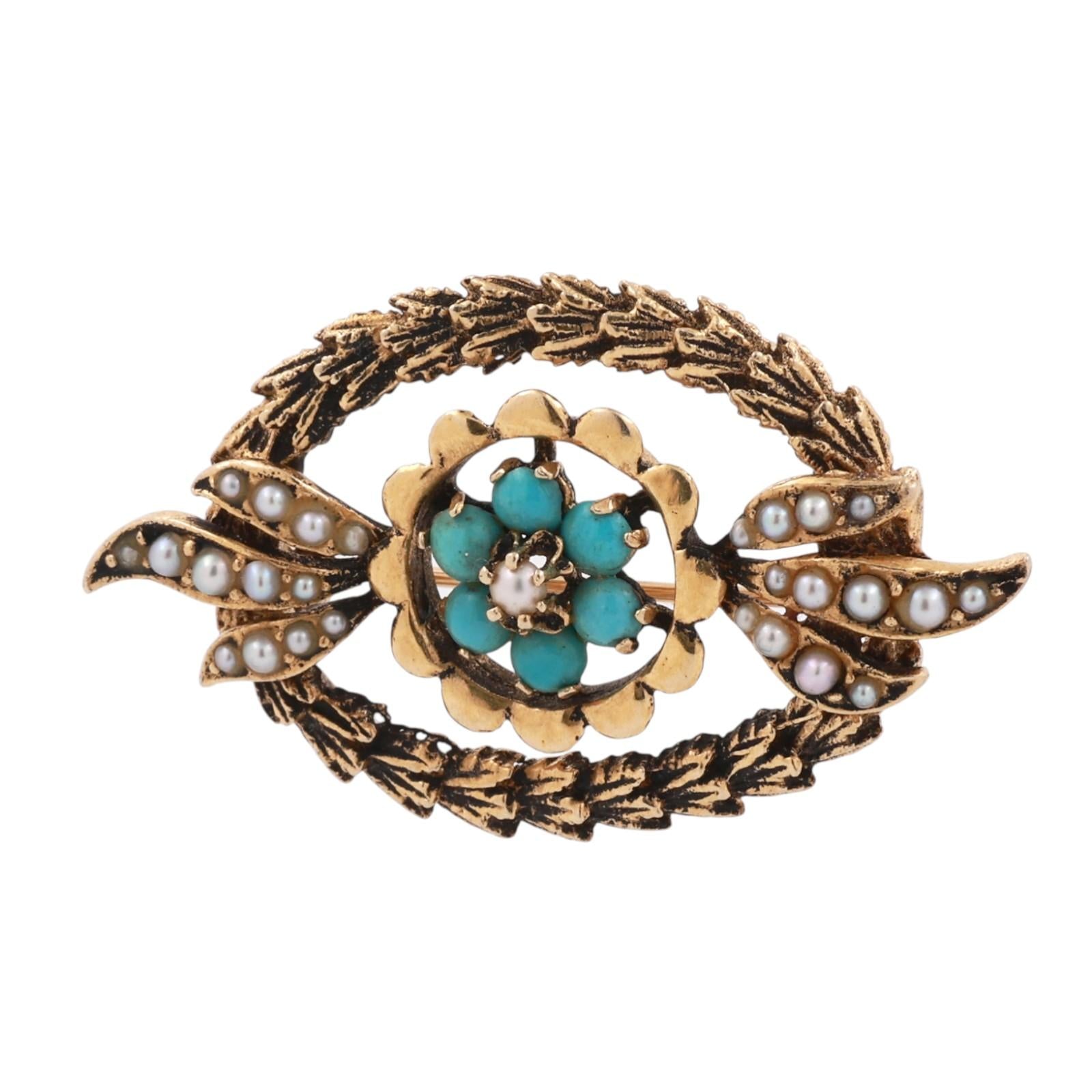 Vintage Turquoise Seed Pearl Floral Wreath Brooch Pin Yellow Gold 0.85” Ladies