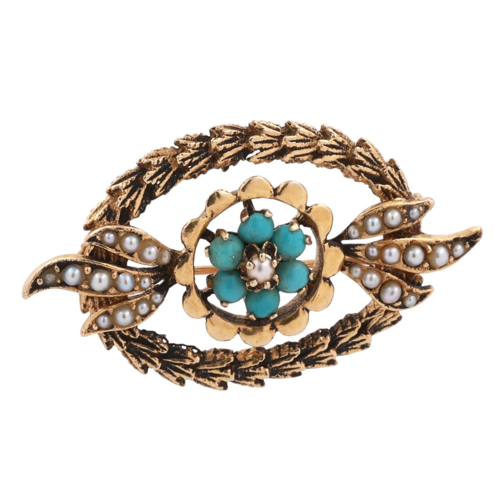 Vintage Turquoise Seed Pearl Floral Wreath Brooch Pin Yellow Gold 0.85” Ladies