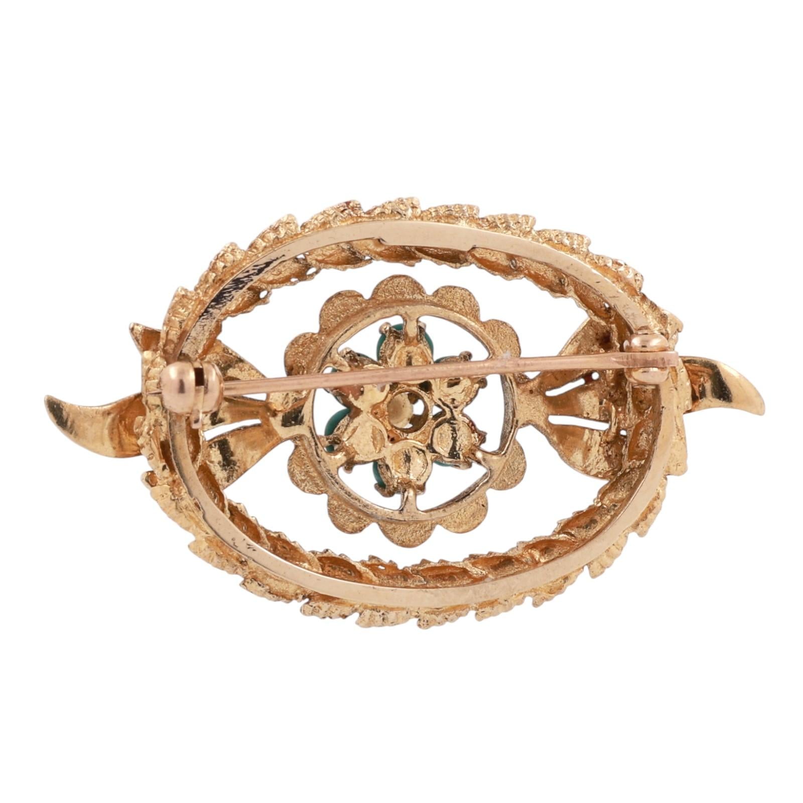Vintage Turquoise Seed Pearl Floral Wreath Brooch Pin Yellow Gold 0.85” Ladies