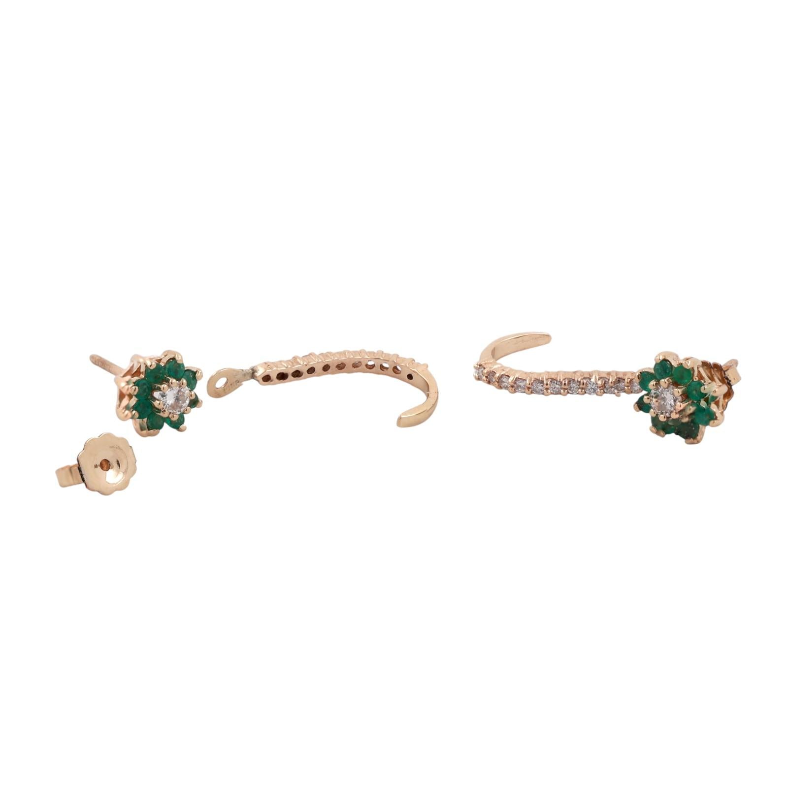 Emerald Diamond Floral Stud Earrings With Diamond Attachment Yellow Gold 0.80"