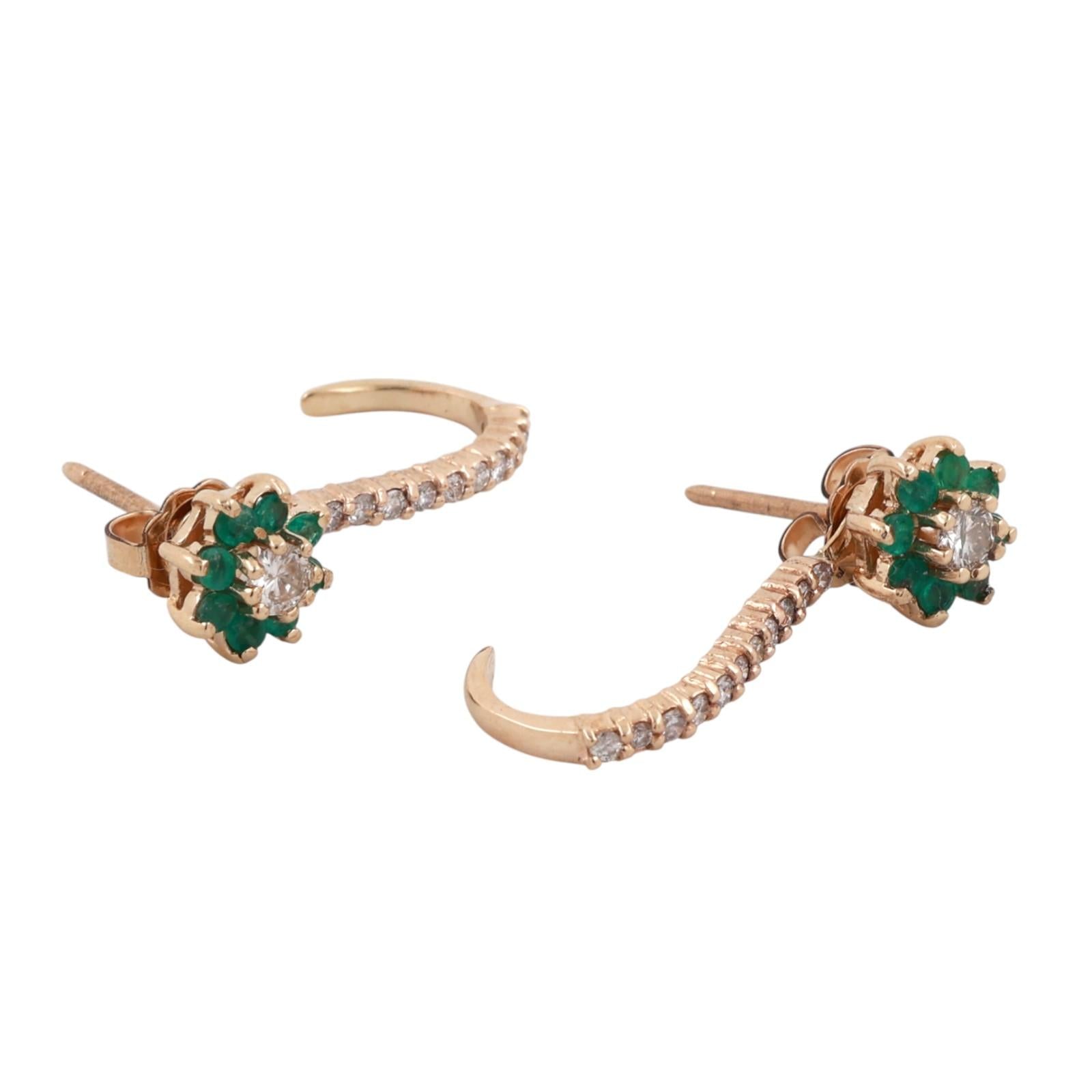Emerald Diamond Floral Stud Earrings With Diamond Attachment Yellow Gold 0.80"