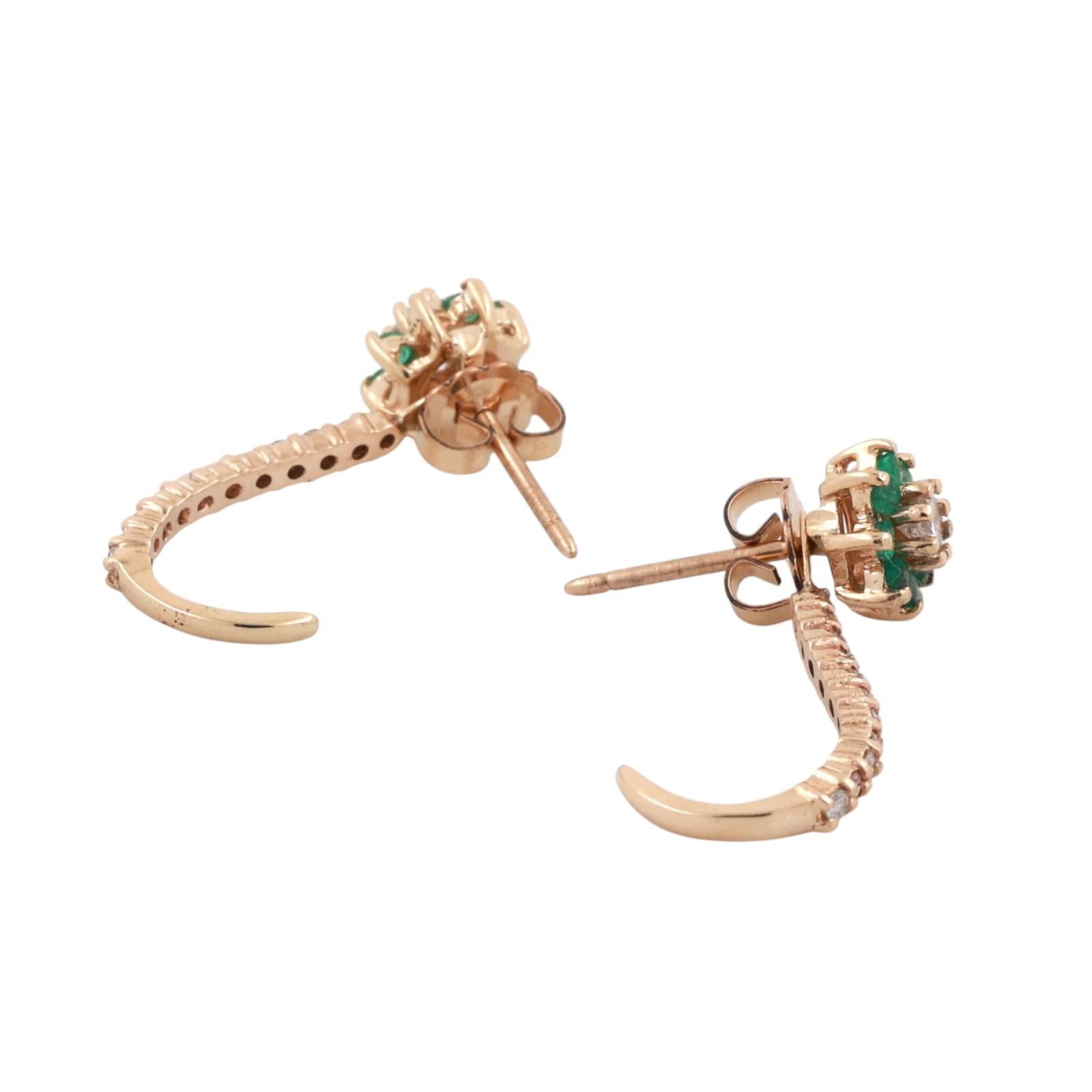 Emerald Diamond Floral Stud Earrings With Diamond Attachment Yellow Gold 0.80"