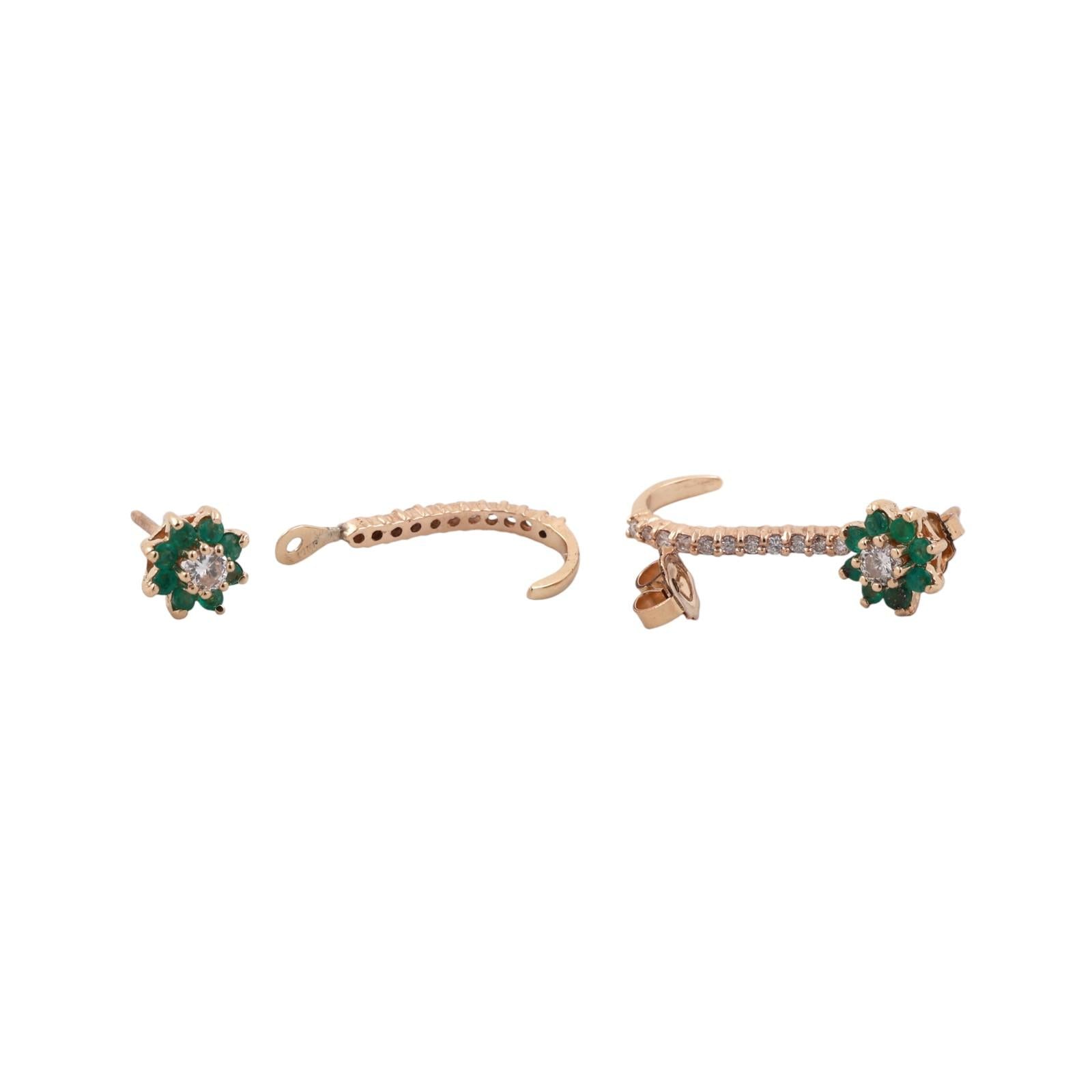 Emerald Diamond Floral Stud Earrings With Diamond Attachment Yellow Gold 0.80"
