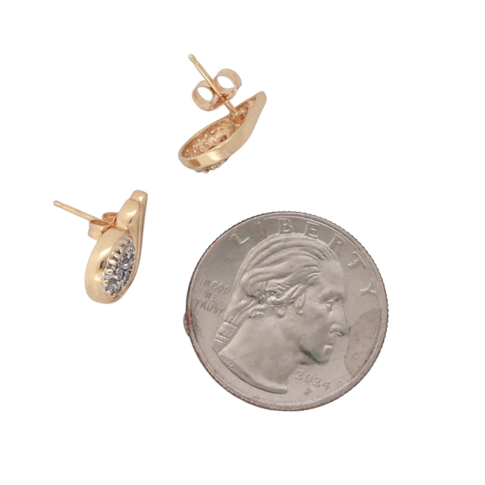 Cluster Diamond Teardrop Stud Earrings 14K Yellow Gold Swirl 0.20 TW 0.35”