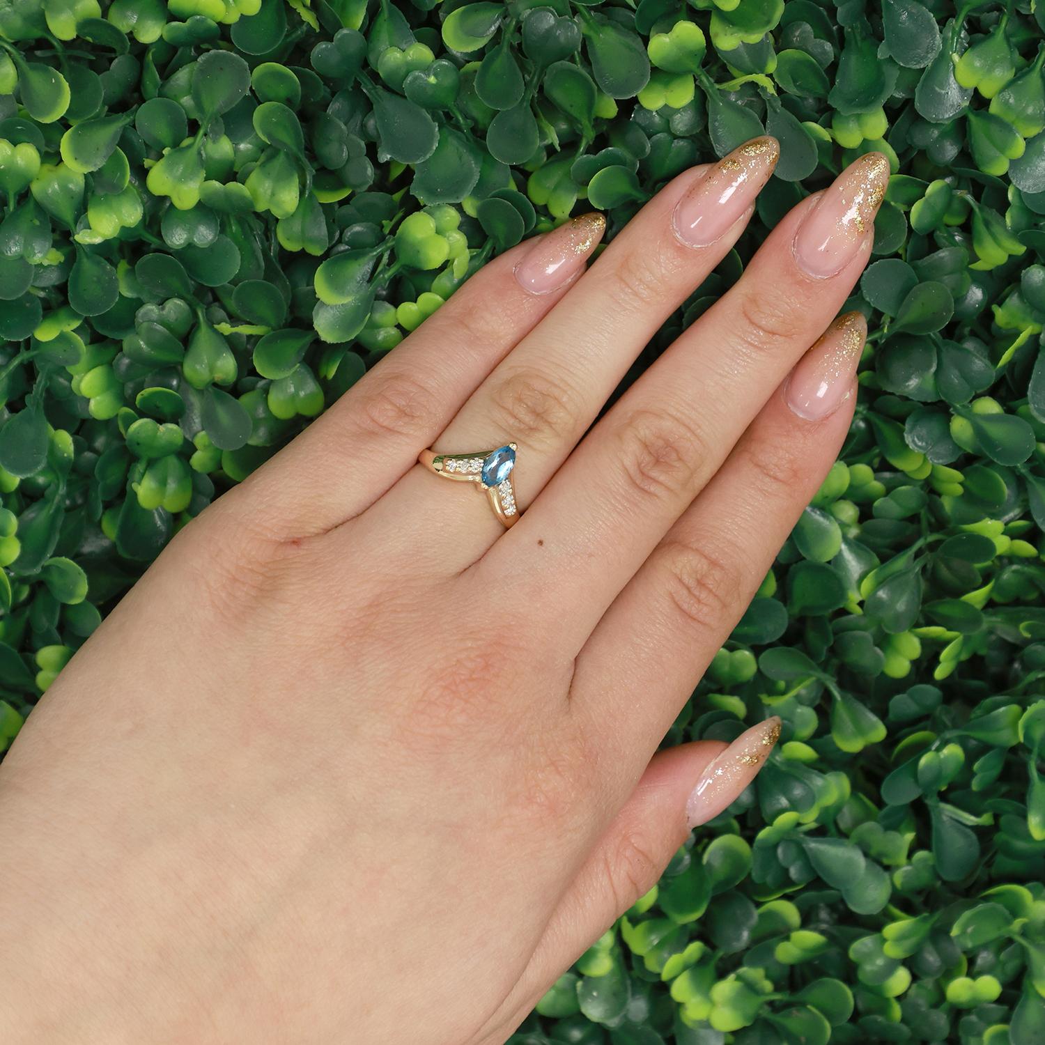 Blue Topaz Diamond Wishbone Ring 14K Yellow Gold 0.65 CTW Ladies Size 6.5 Estate