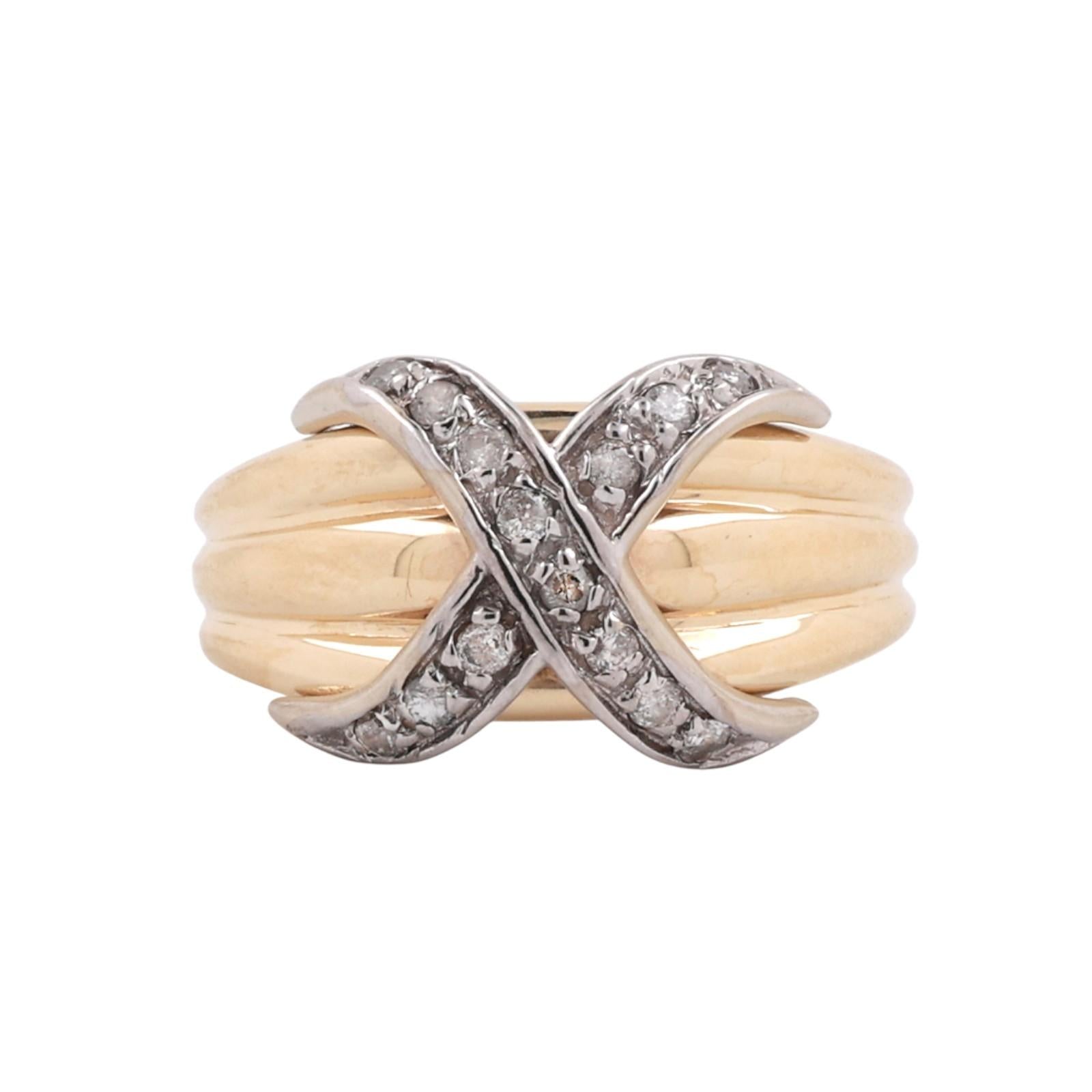 Diamond X Band Ring 14K Ridged Gold 0.28 TW Diamonds Size 6 Ladies Estate