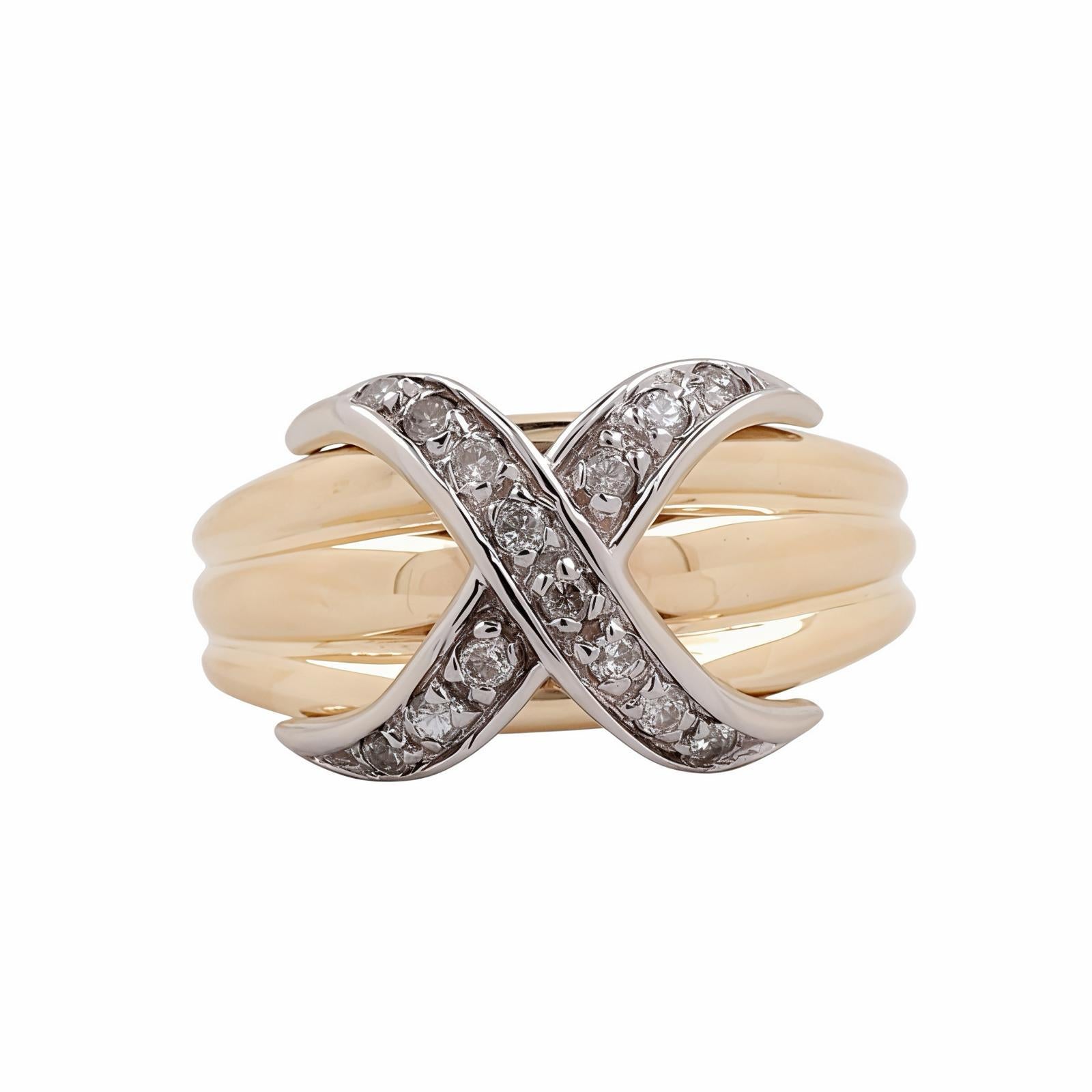 Diamond X Band Ring 14K Ridged Gold 0.28 TW Diamonds Size 6 Ladies Estate