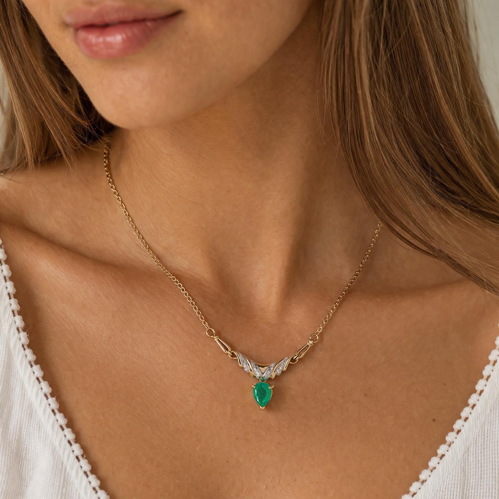 1.25 CTW Emerald Diamond Drop Pendant Chain Necklace 14 and 18K Gold 17.5"