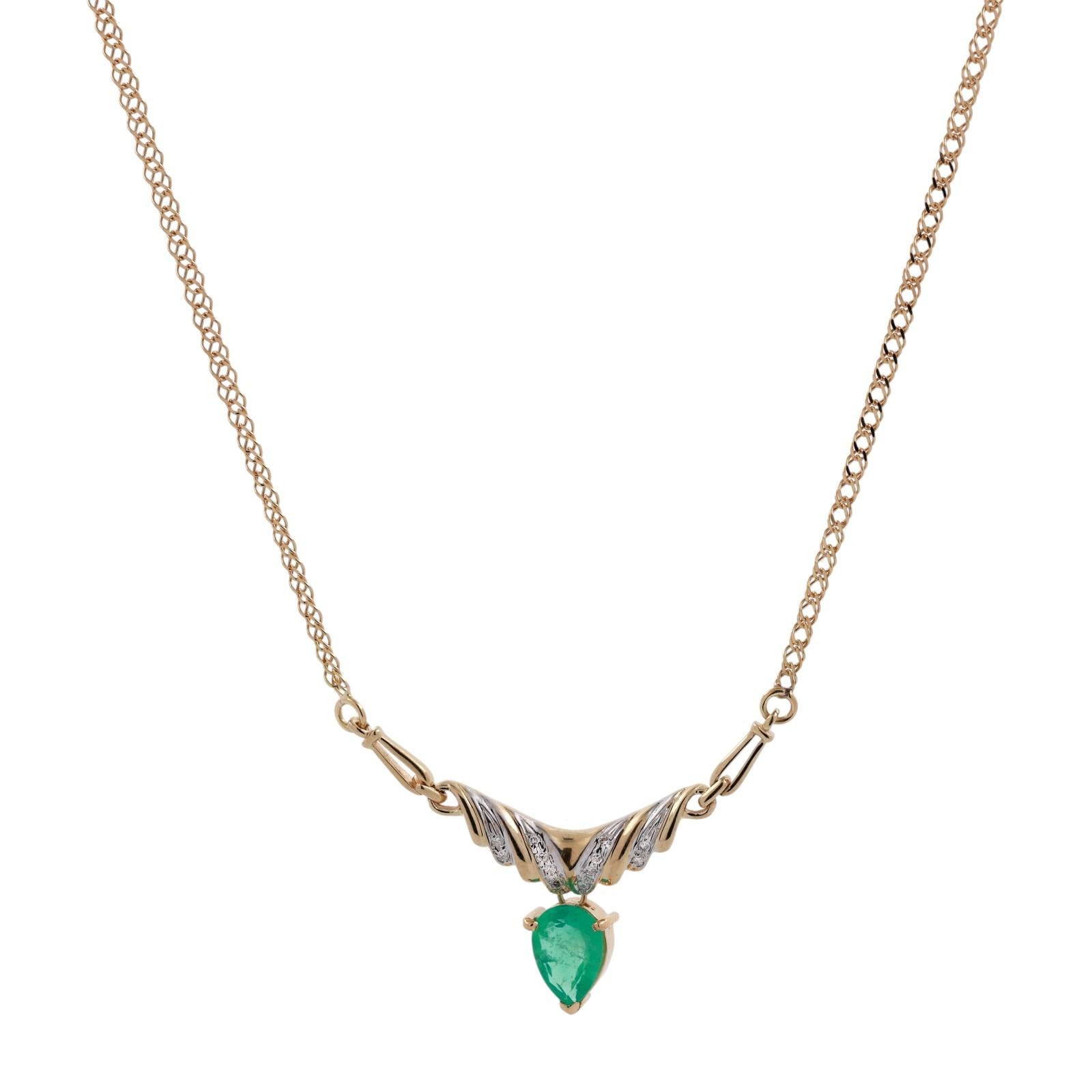 1.25 CTW Emerald Diamond Drop Pendant Chain Necklace 14 and 18K Gold 17.5"