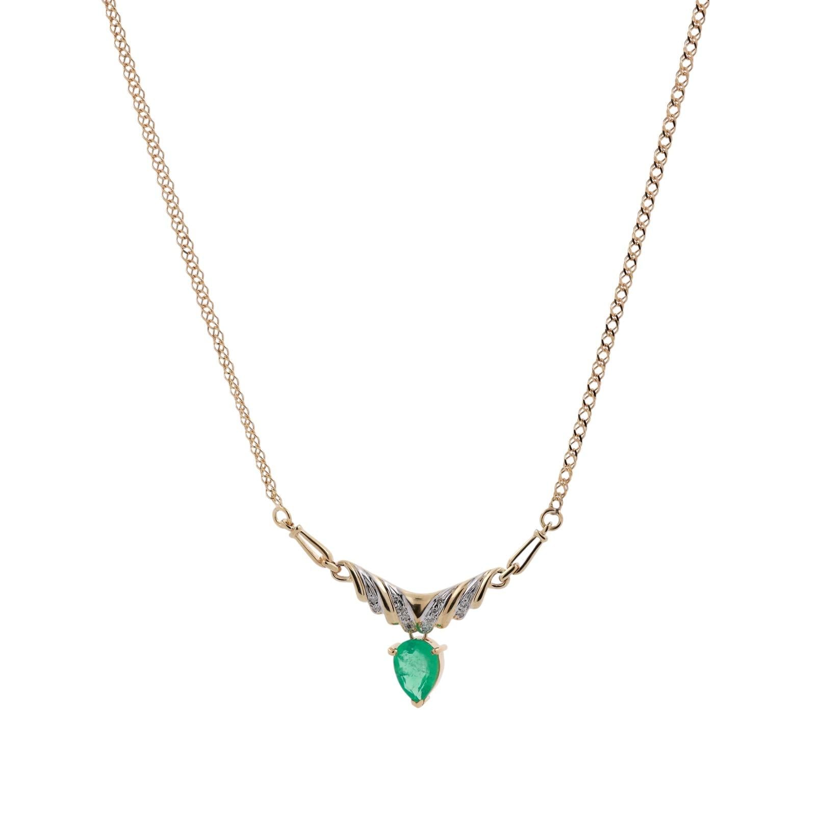 1.25 CTW Emerald Diamond Drop Pendant Chain Necklace 14 and 18K Gold 17.5"