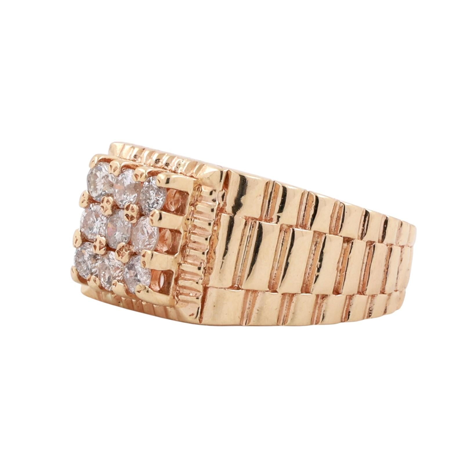 Mens Diamond Square Ribbed Ring 14K Yellow Gold 1.00 TW Size 10.25 Estate