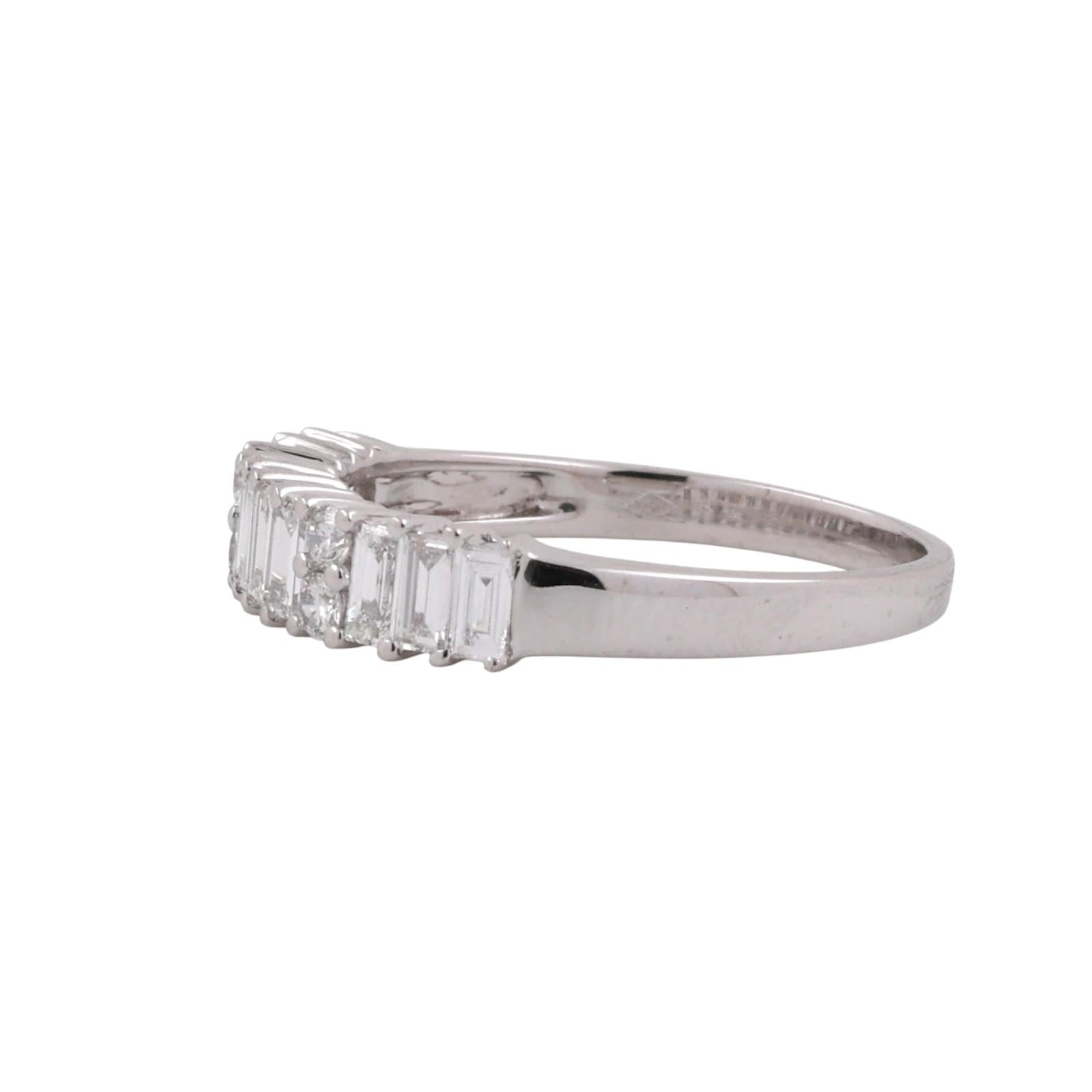 Baguette Round Diamond Half Eternity Band Ring 18K White Gold 0.98 TW Size 9
