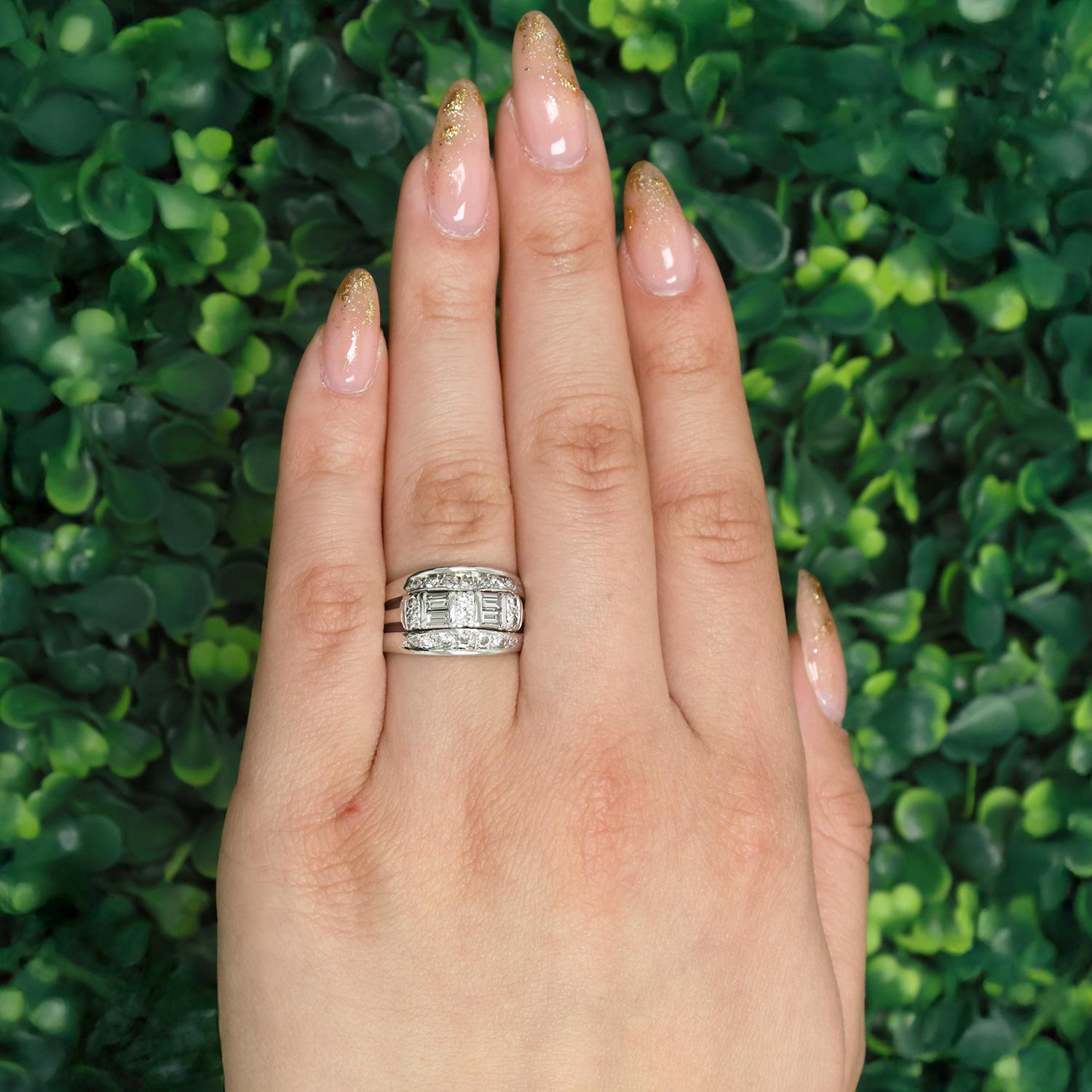 4-Row Baguette Round Diamond Wide Band Ring Platinum White Gold 1.00 TW SZ 7.25