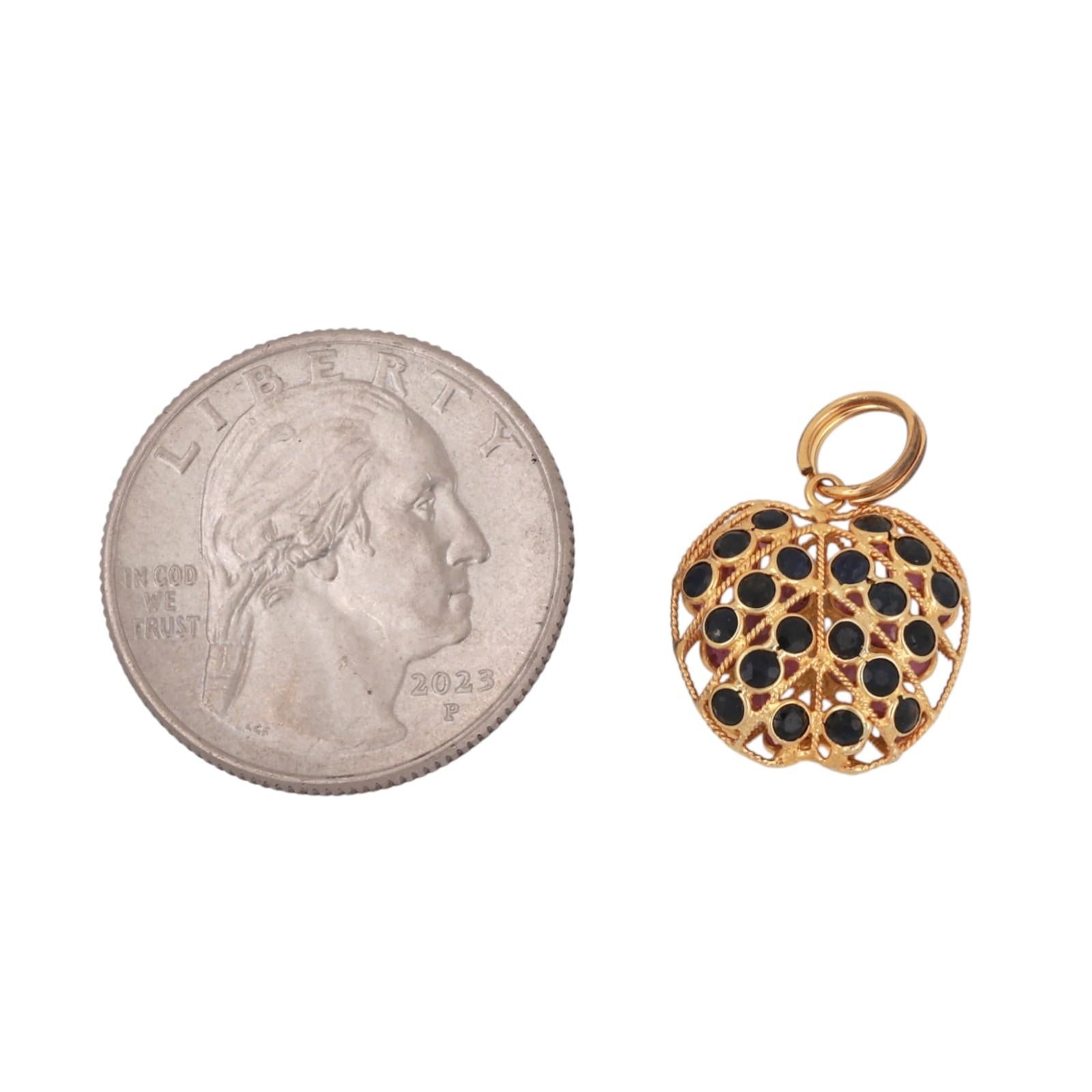 Ruby Sapphire Reversible Apple Pendant Charm 18K Filigree Yellow Gold 0.78"