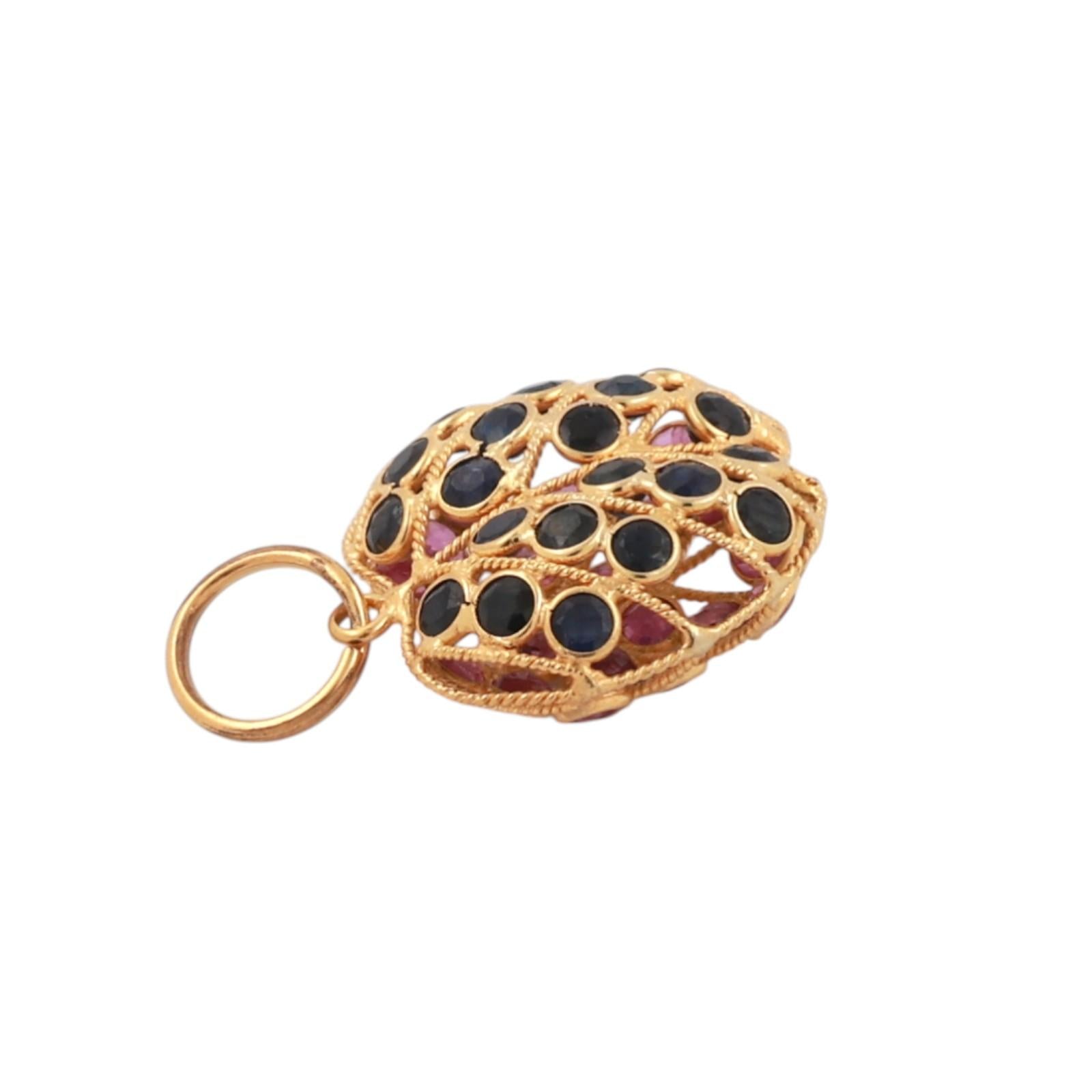 Ruby Sapphire Reversible Apple Pendant Charm 18K Filigree Yellow Gold 0.78"