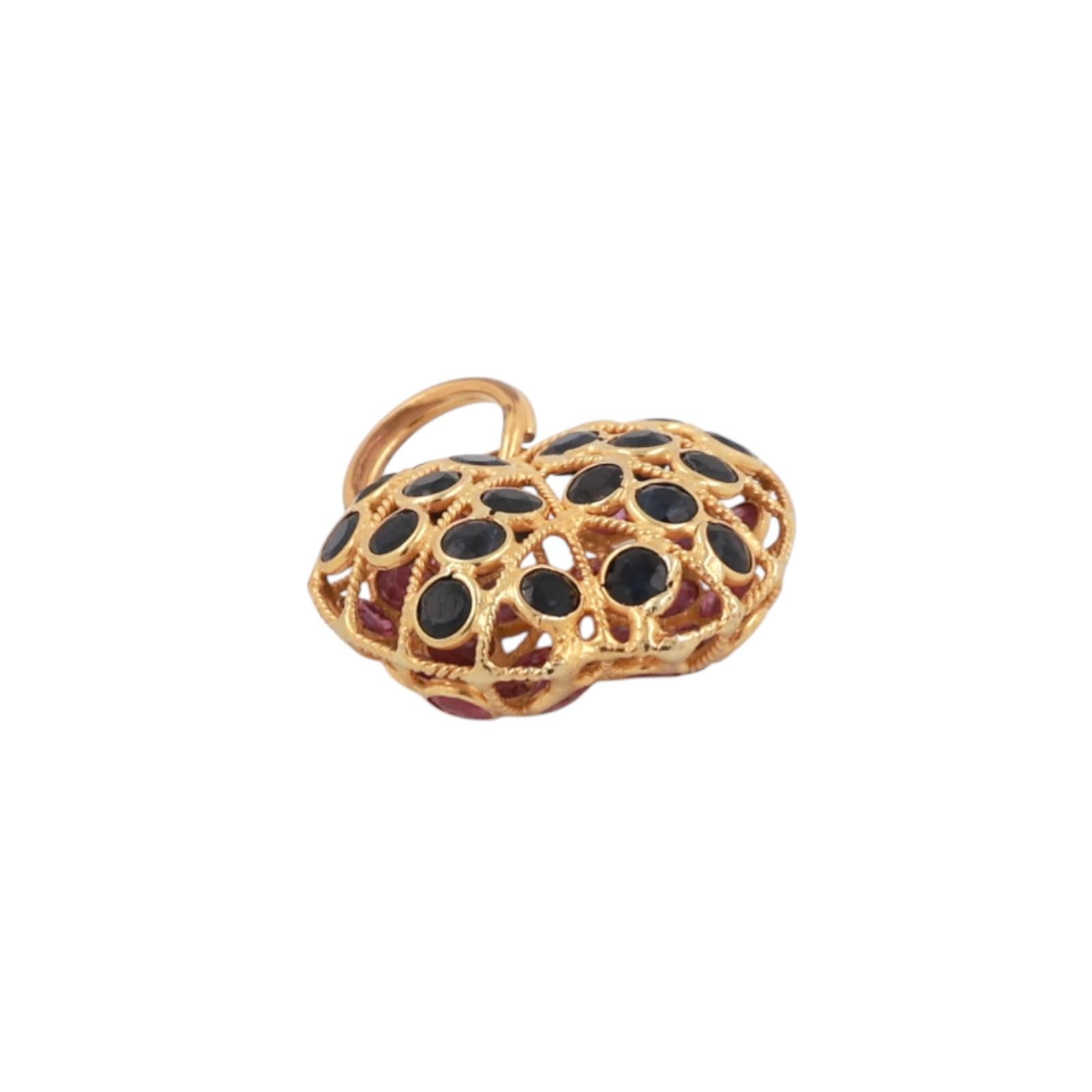 Ruby Sapphire Reversible Apple Pendant Charm 18K Filigree Yellow Gold 0.78"