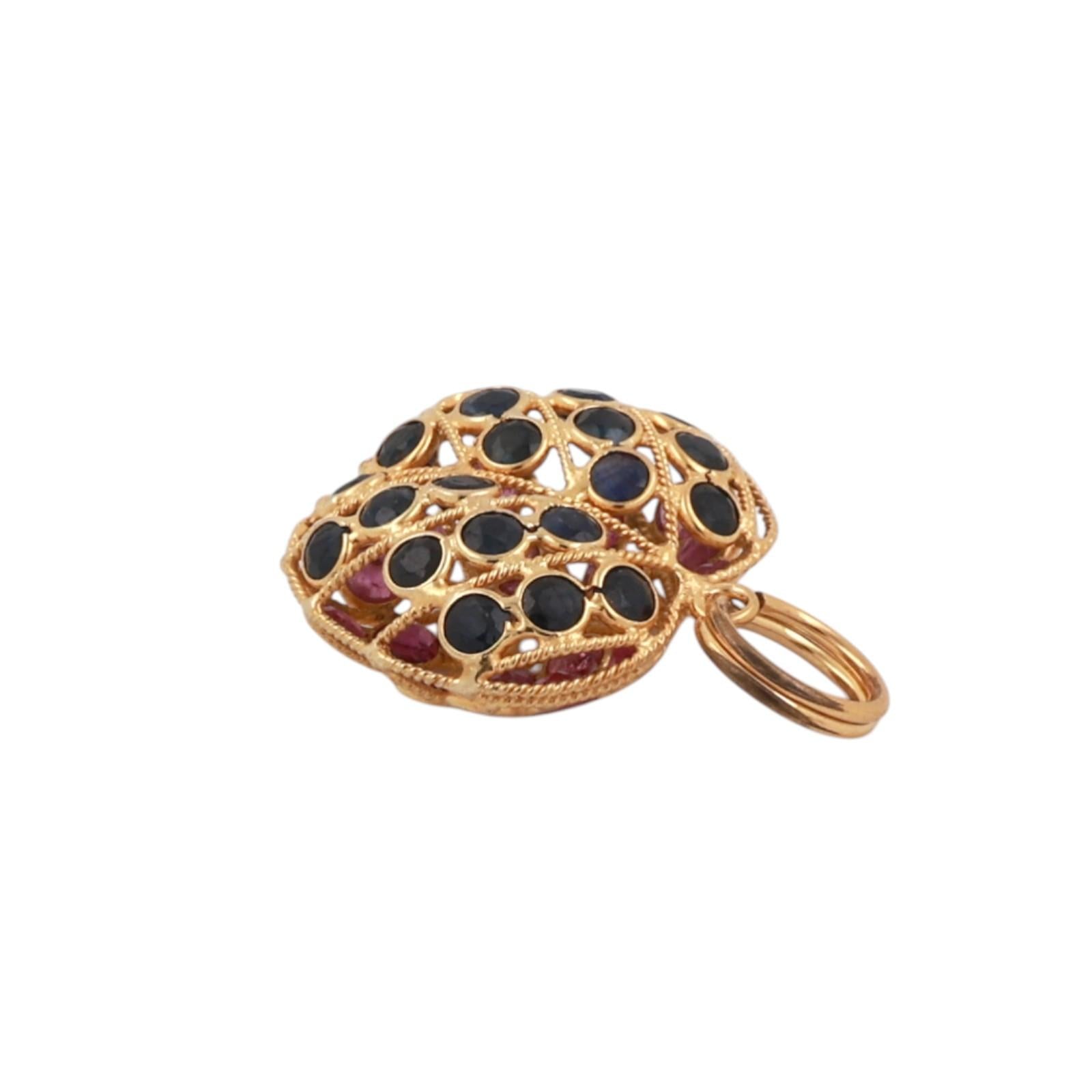 Ruby Sapphire Reversible Apple Pendant Charm 18K Filigree Yellow Gold 0.78"
