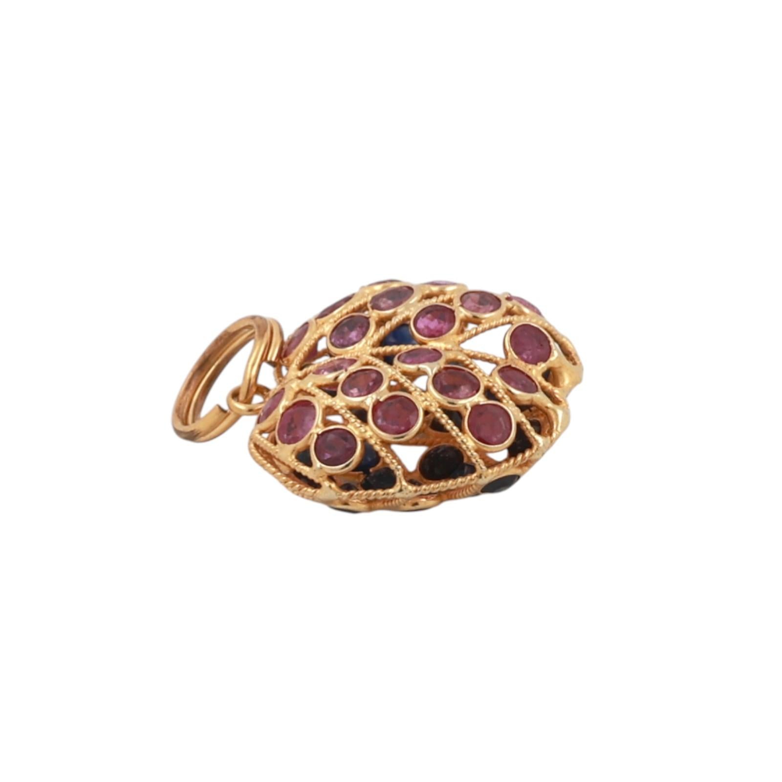 Ruby Sapphire Reversible Apple Pendant Charm 18K Filigree Yellow Gold 0.78"