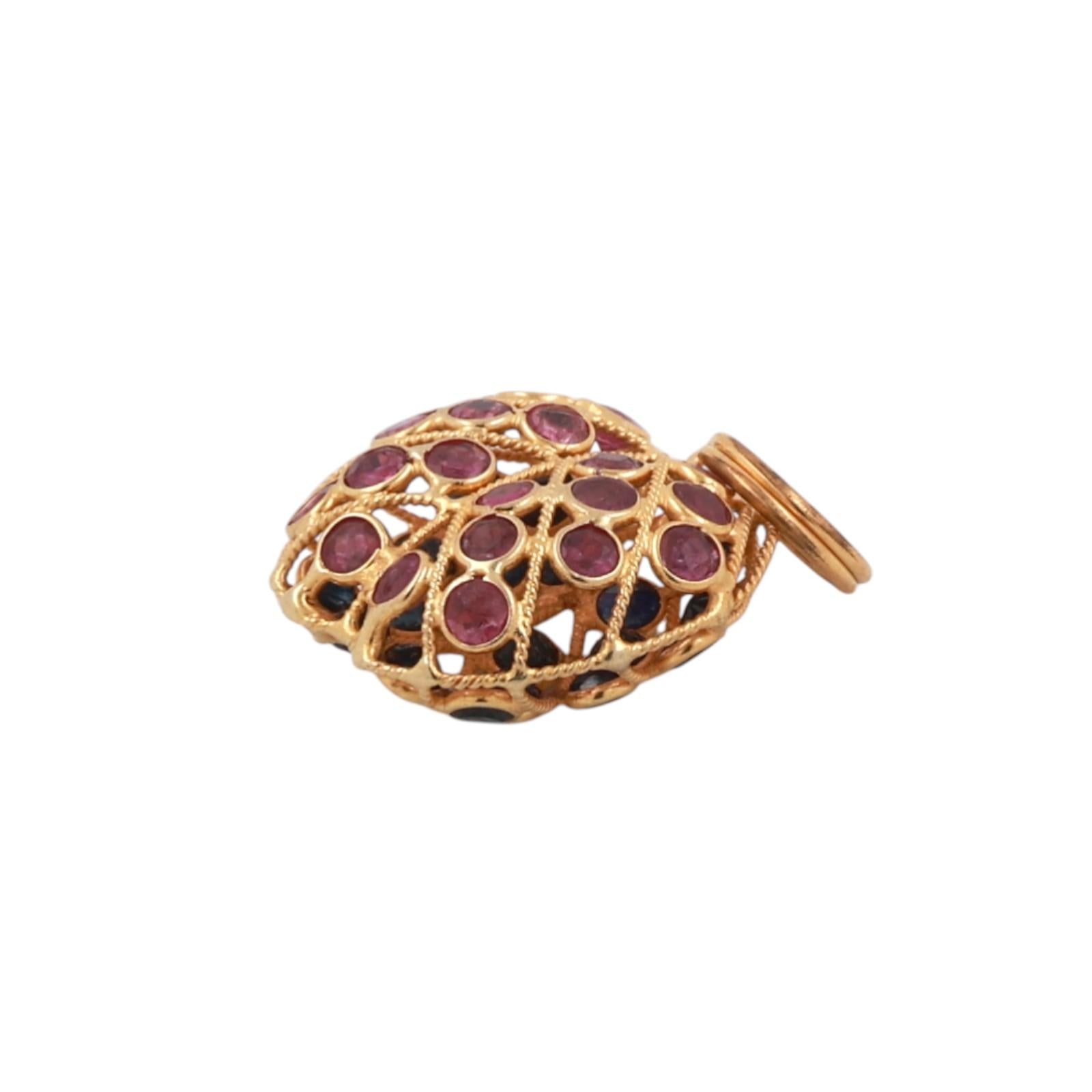 Ruby Sapphire Reversible Apple Pendant Charm 18K Filigree Yellow Gold 0.78"