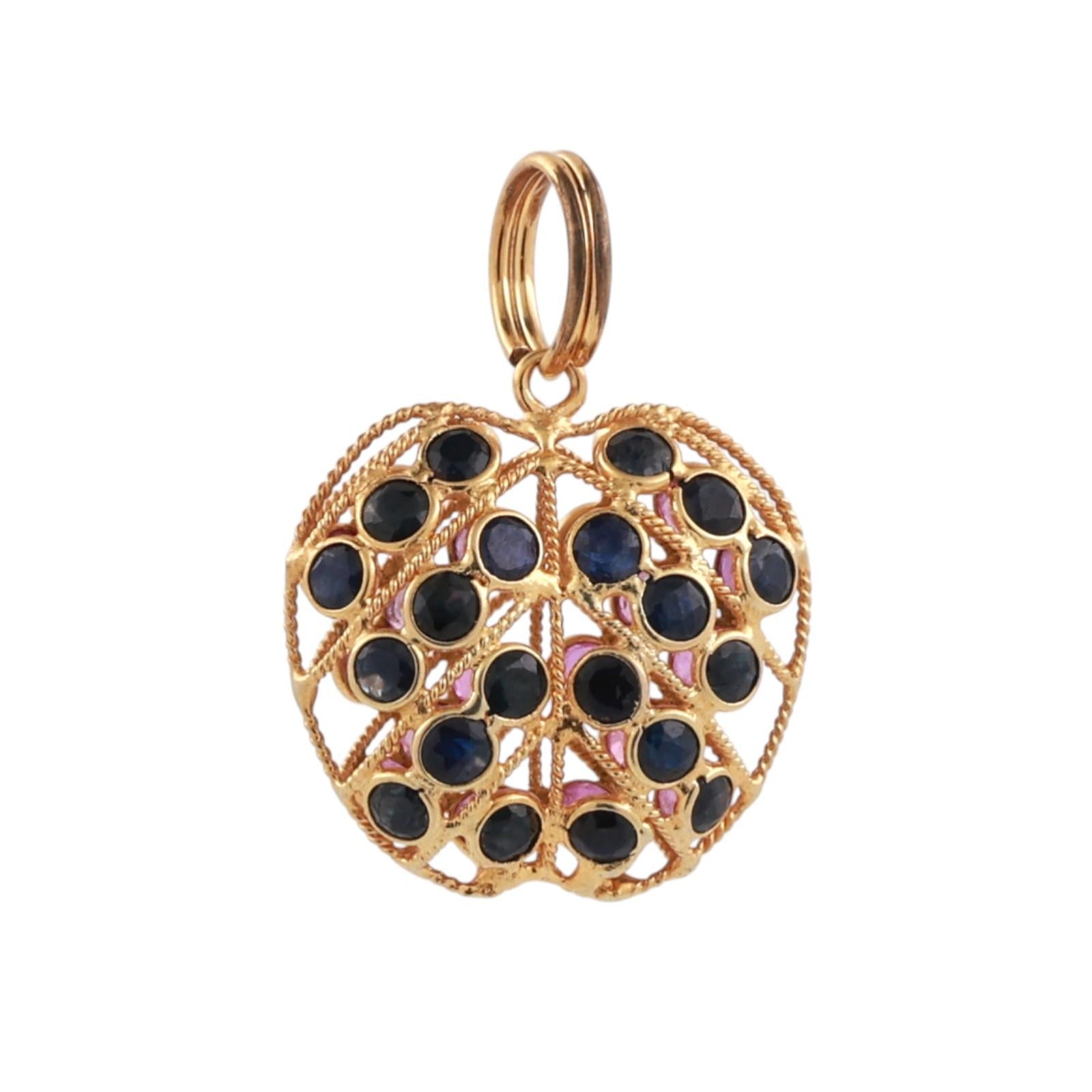 Ruby Sapphire Reversible Apple Pendant Charm 18K Filigree Yellow Gold 0.78"