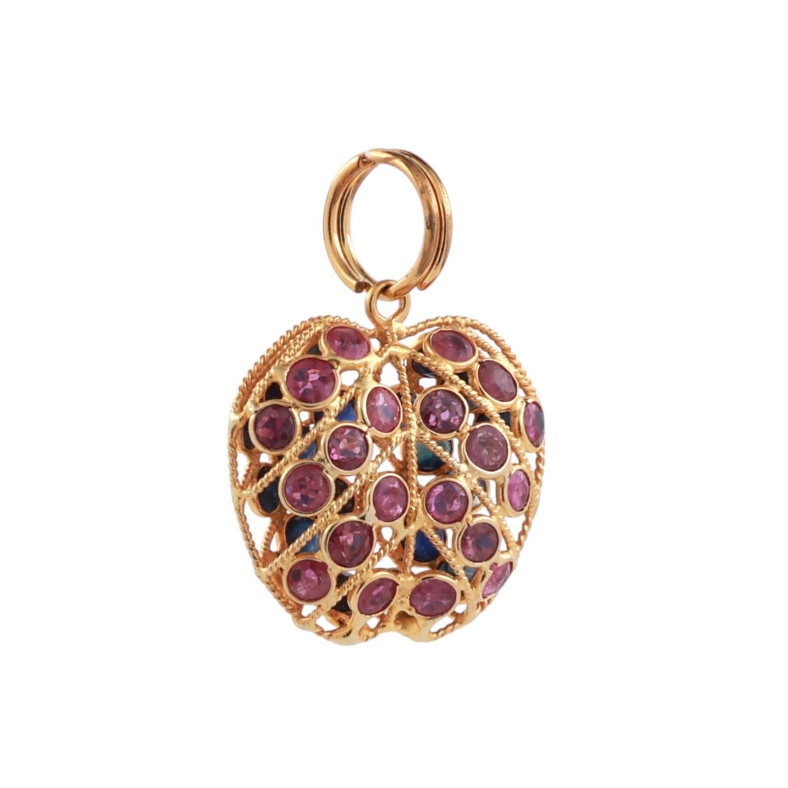 Ruby Sapphire Reversible Apple Pendant Charm 18K Filigree Yellow Gold 0.78"