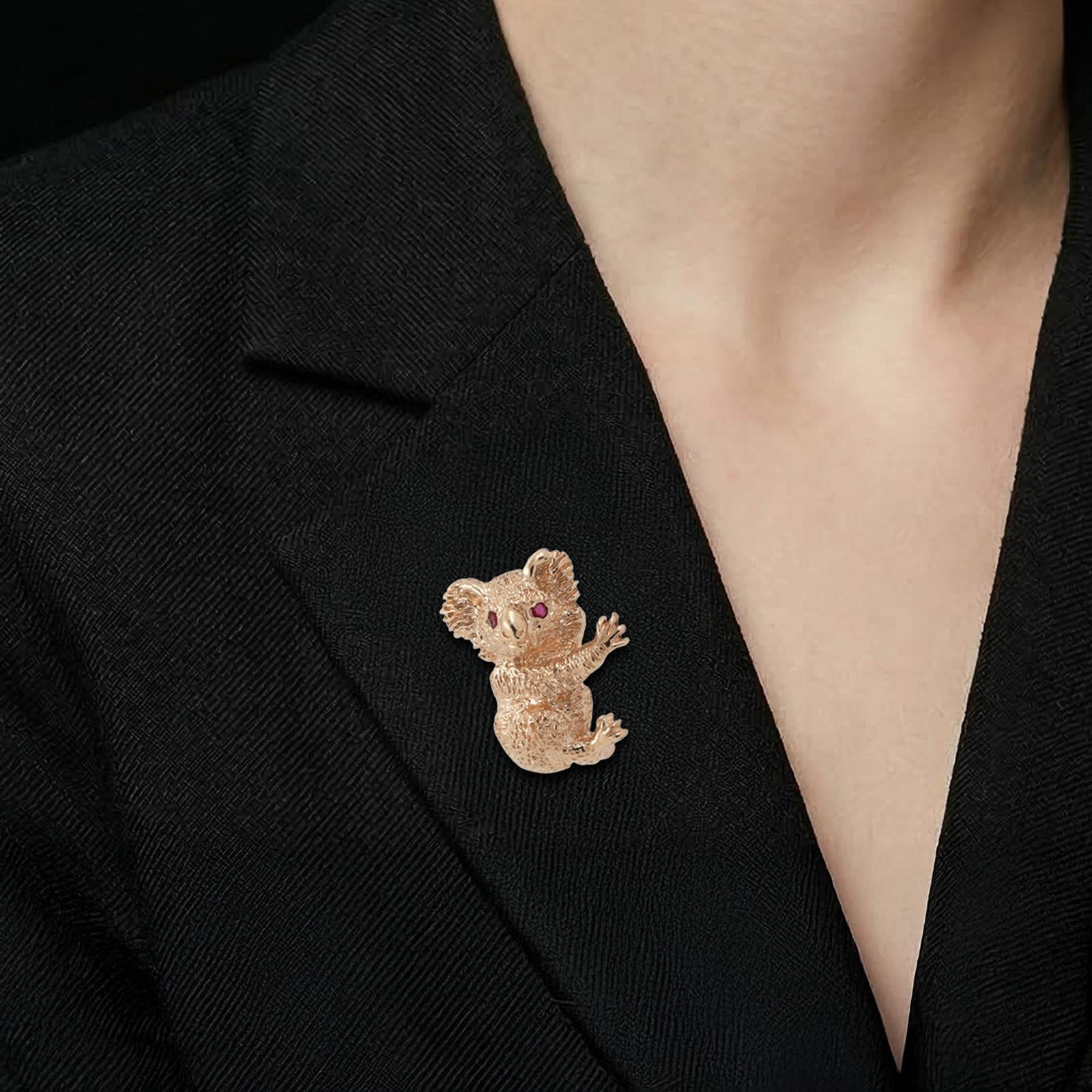 Koala Bear Brooch Pin 14K Yellow Gold 3D 0.06 TW Ruby Eyes Accents 0.95" Estate