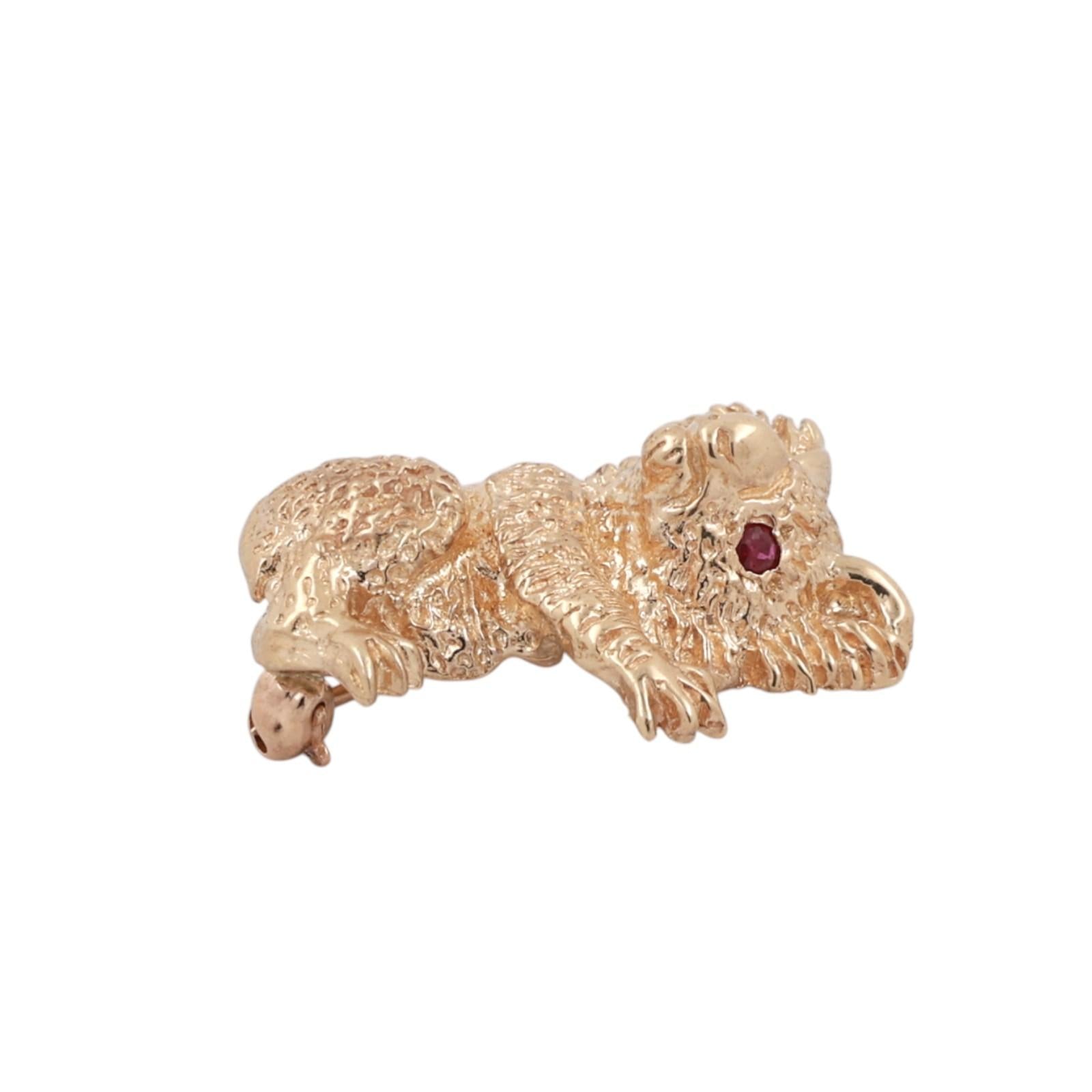 Koala Bear Brooch Pin 14K Yellow Gold 3D 0.06 TW Ruby Eyes Accents 0.95" Estate