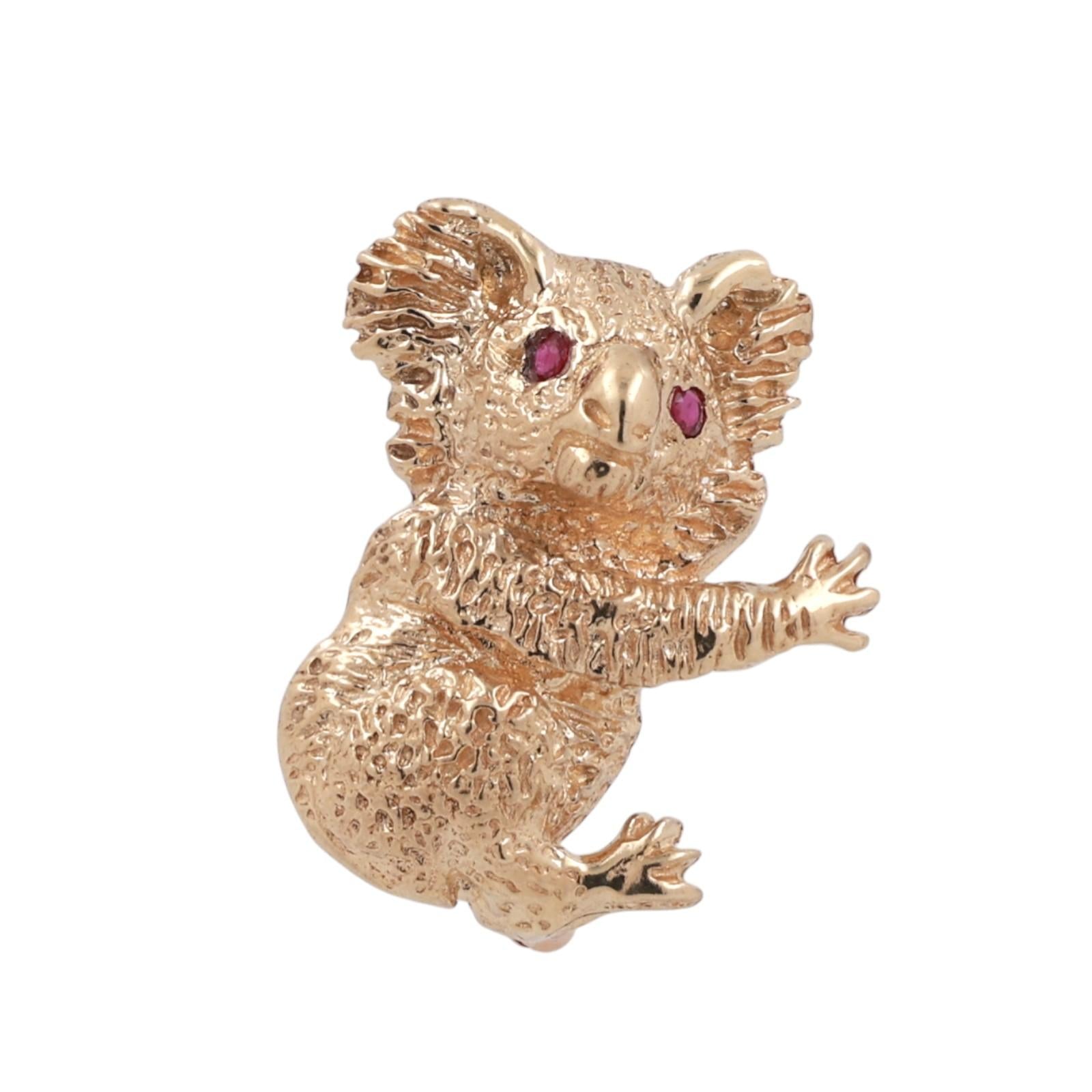 Koala Bear Brooch Pin 14K Yellow Gold 3D 0.06 TW Ruby Eyes Accents 0.95" Estate