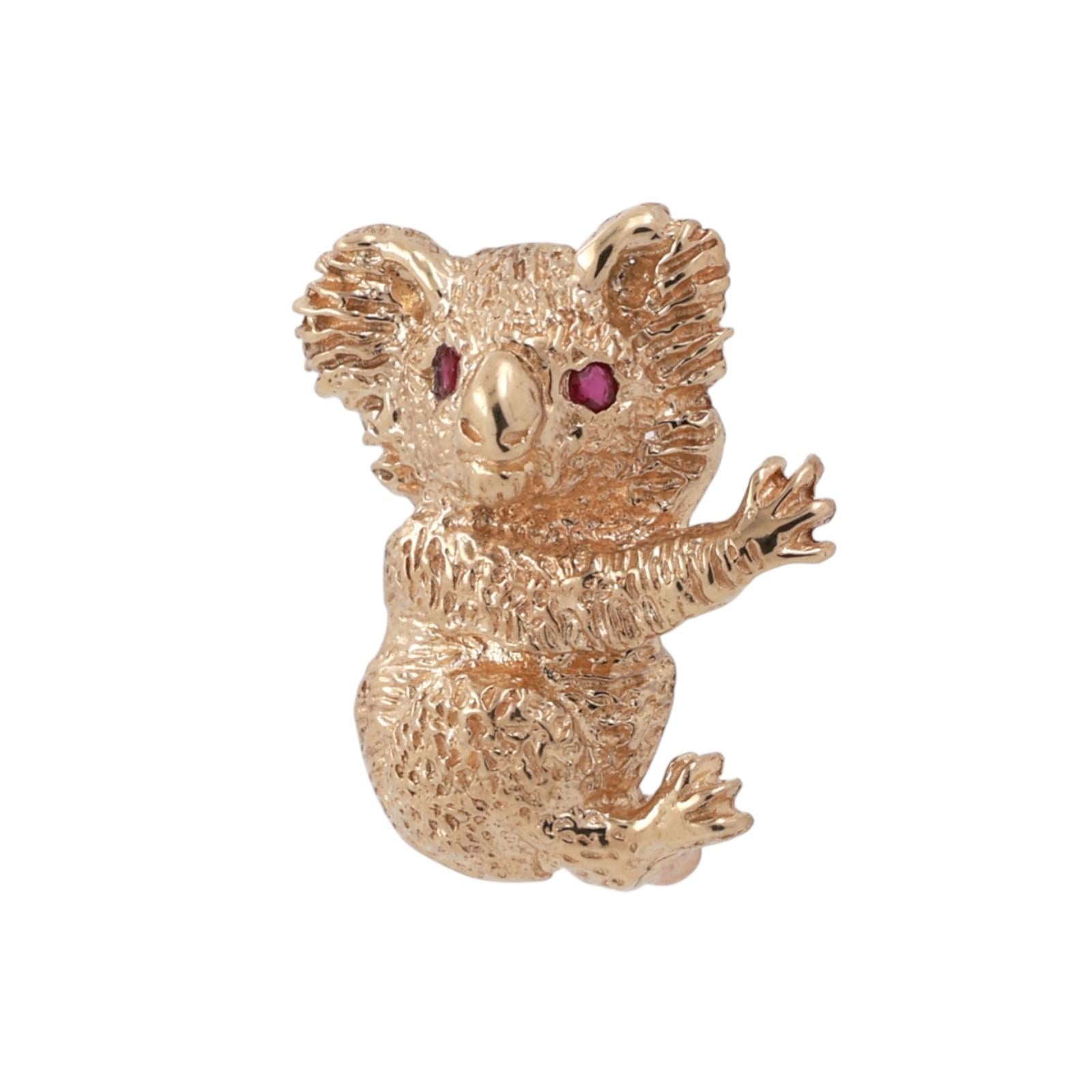Koala Bear Brooch Pin 14K Yellow Gold 3D 0.06 TW Ruby Eyes Accents 0.95" Estate