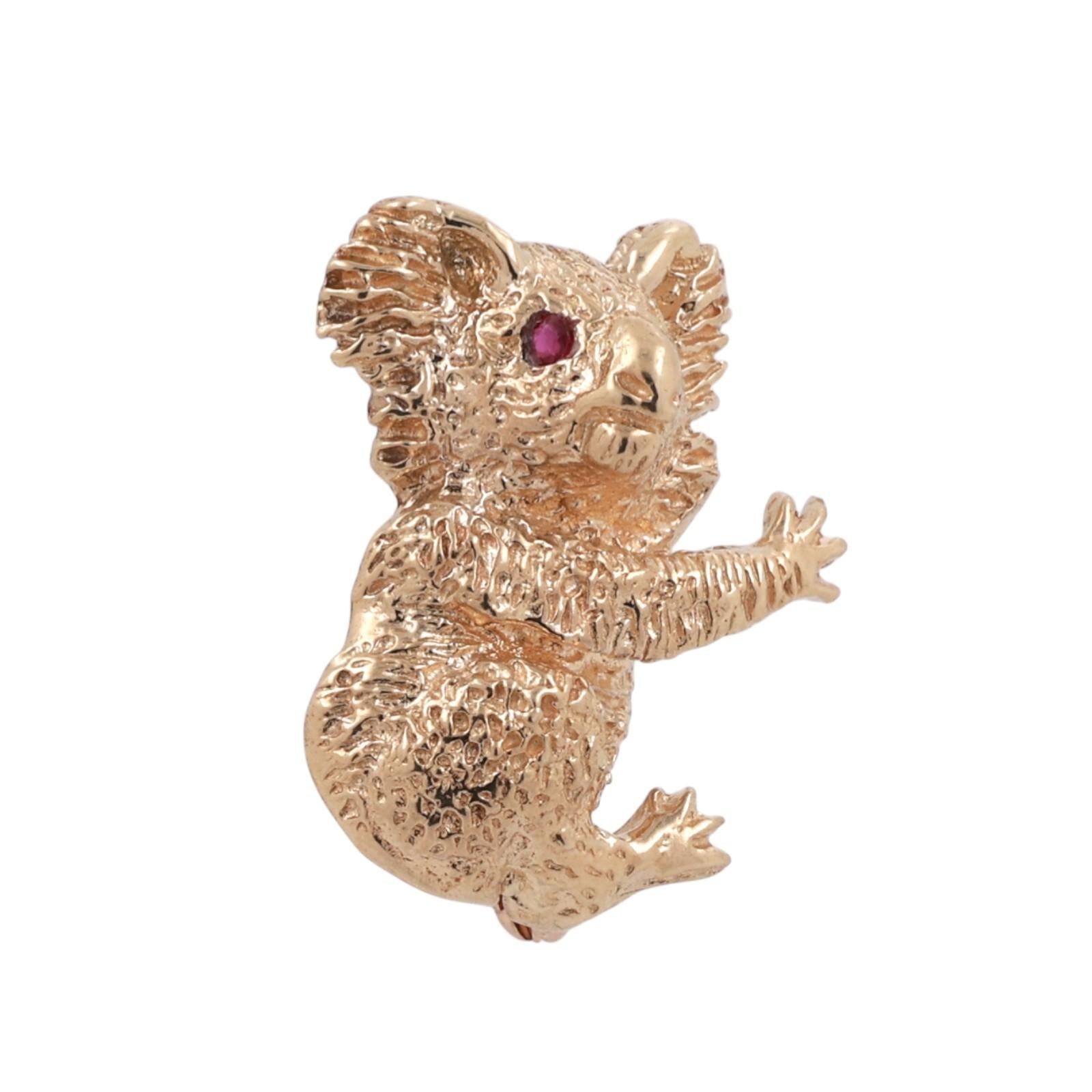Koala Bear Brooch Pin 14K Yellow Gold 3D 0.06 TW Ruby Eyes Accents 0.95" Estate