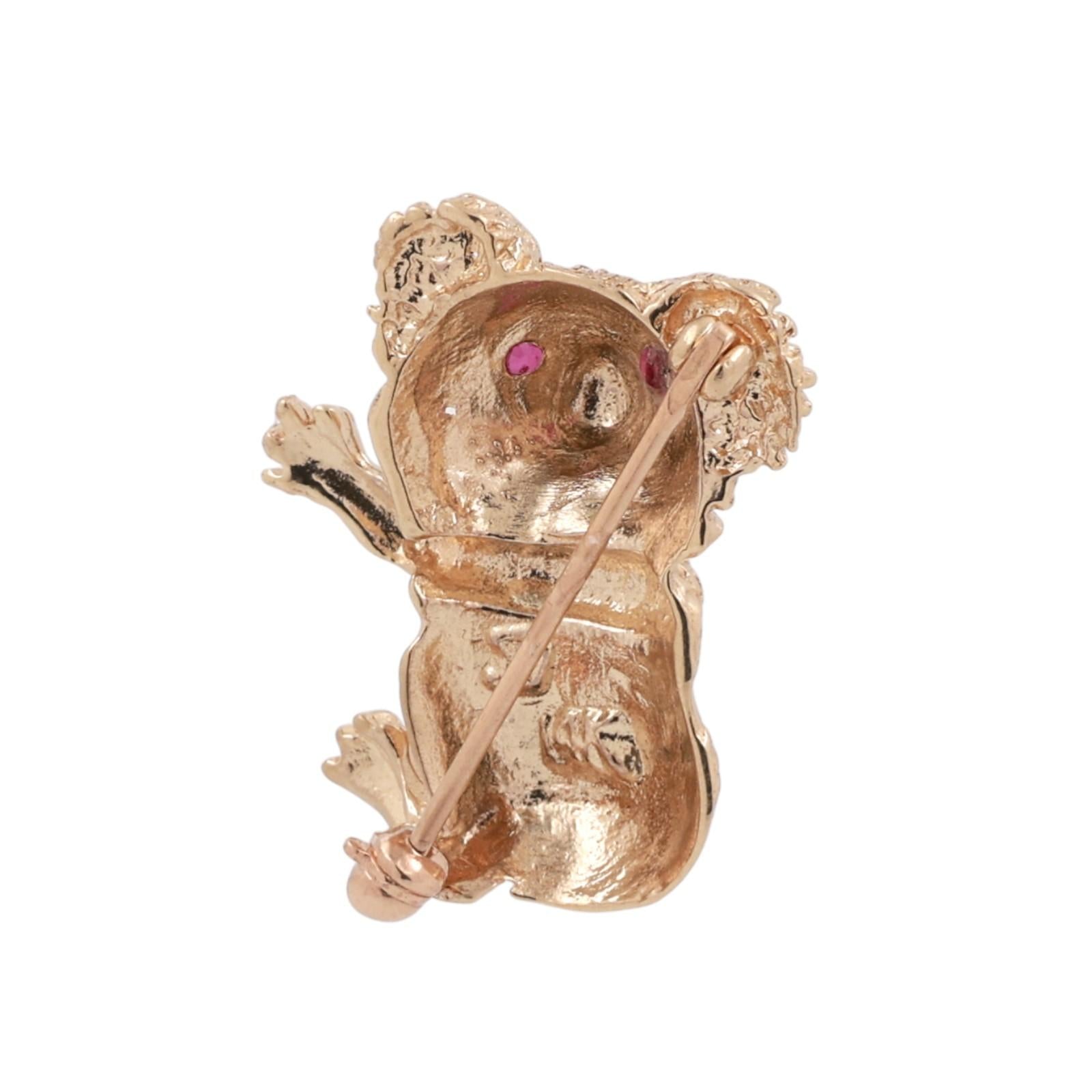 Koala Bear Brooch Pin 14K Yellow Gold 3D 0.06 TW Ruby Eyes Accents 0.95" Estate