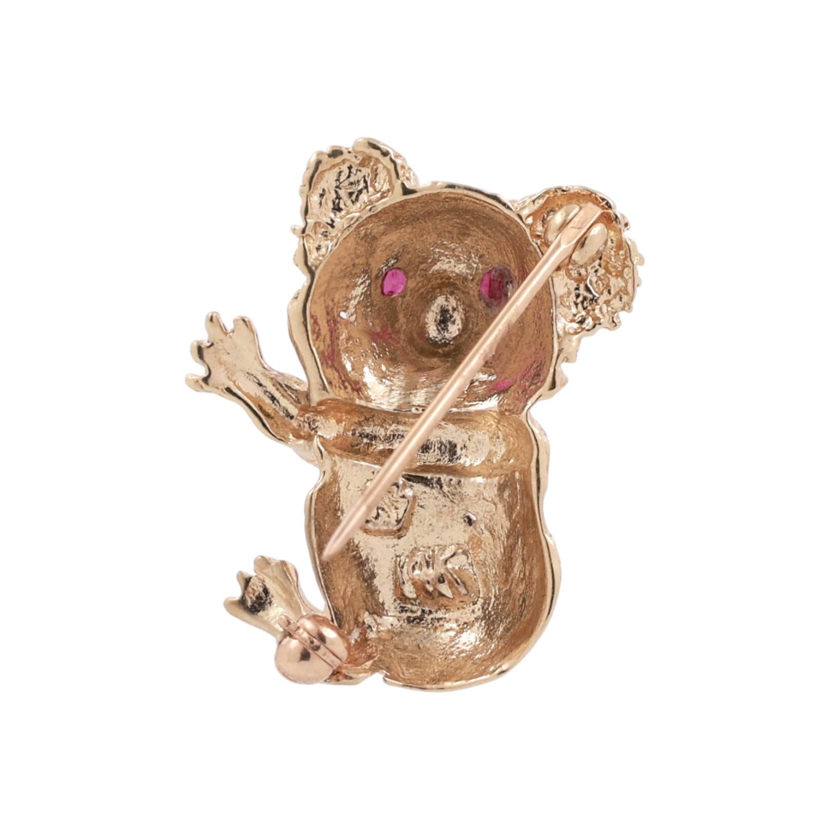 Koala Bear Brooch Pin 14K Yellow Gold 3D 0.06 TW Ruby Eyes Accents 0.95" Estate