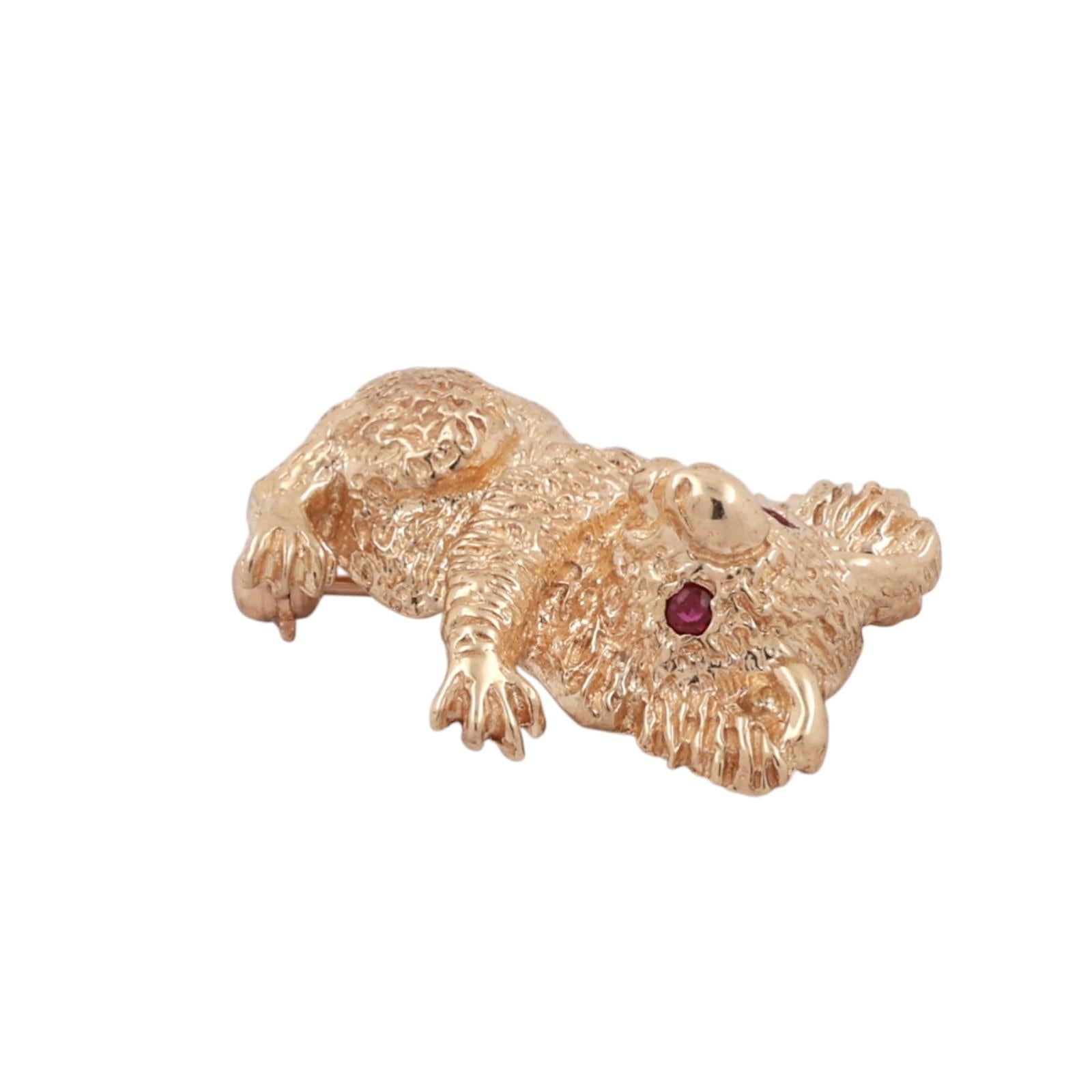 Koala Bear Brooch Pin 14K Yellow Gold 3D 0.06 TW Ruby Eyes Accents 0.95" Estate