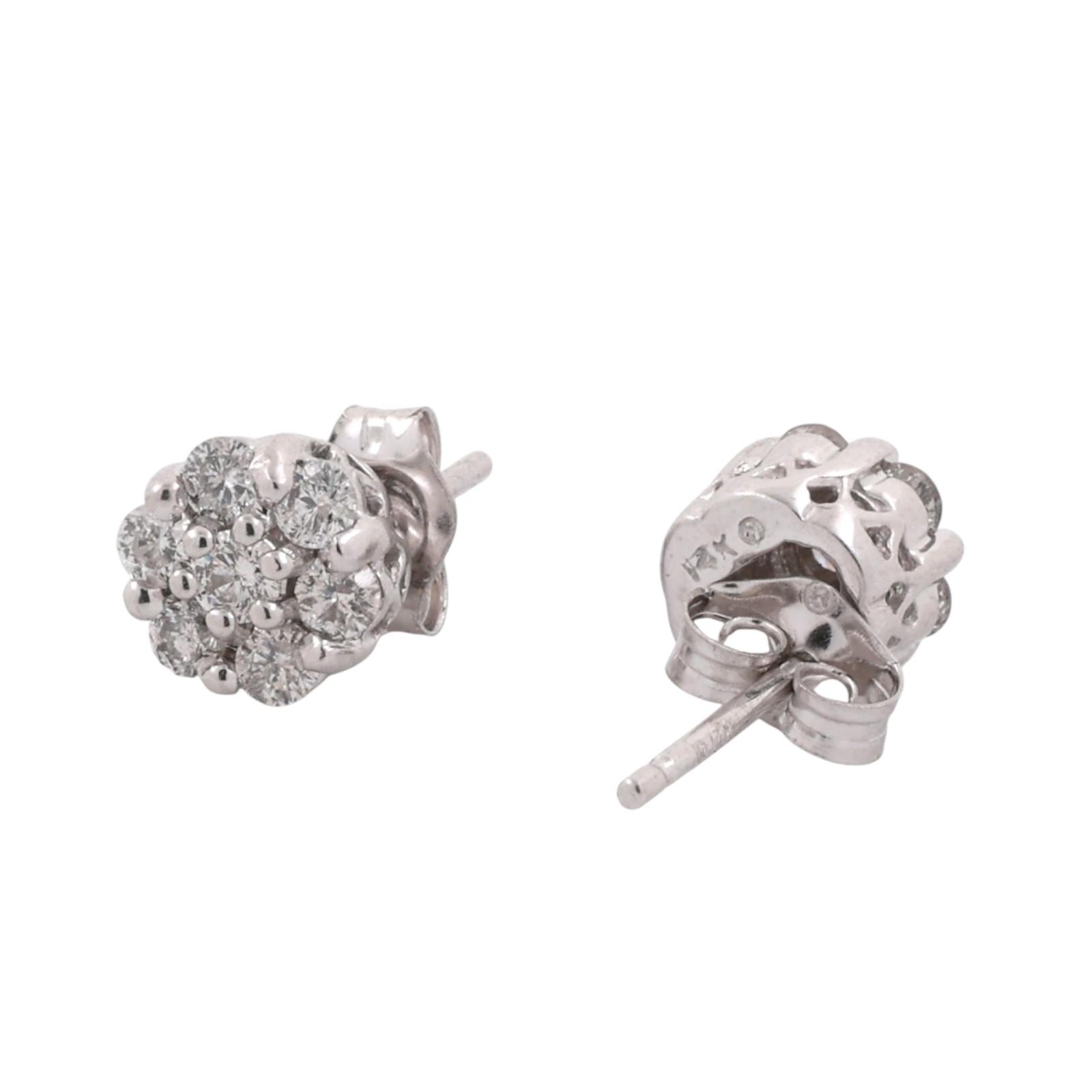 14K White Gold Diamond Cluster Stud Earrings 0.40CTW Round Brilliant Estate