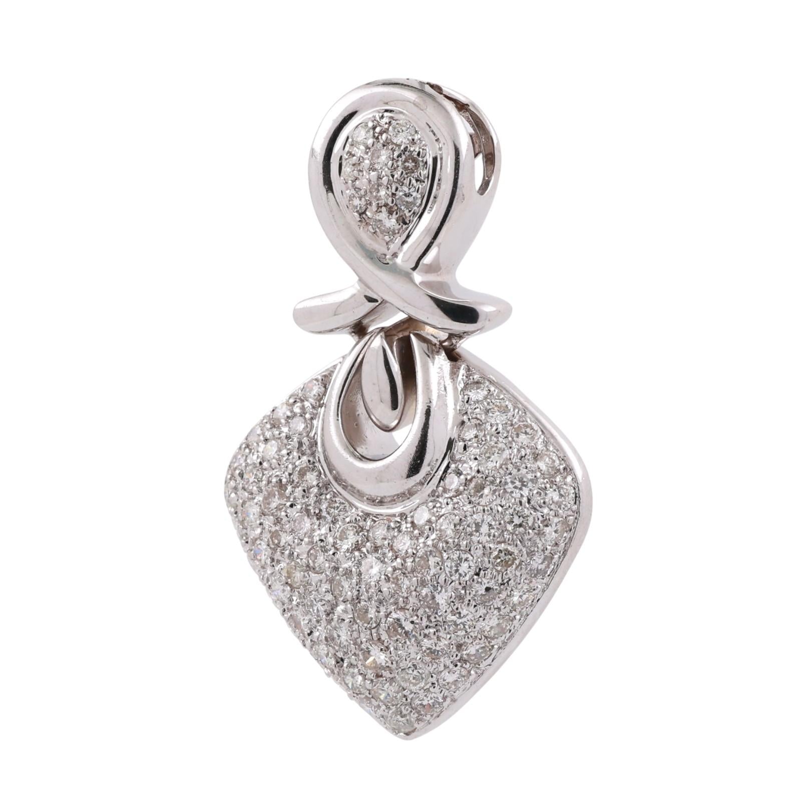 Cluster Diamond Ribbon Heart Pendant 14K White Gold 1.50 TW 1.33" Ladies