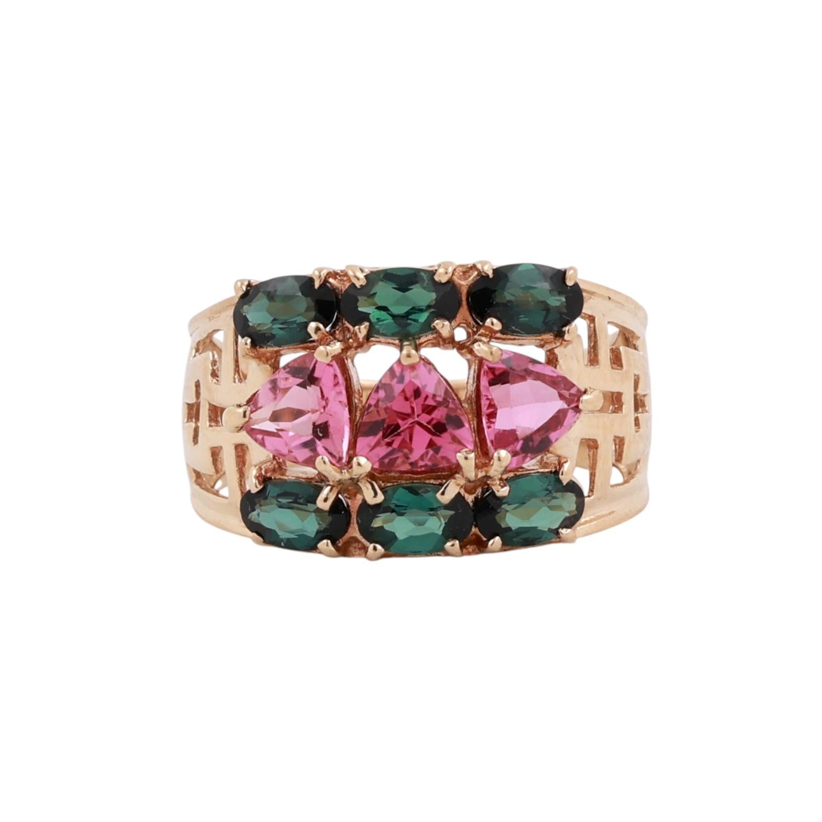 14K Yellow Gold Pink Green Tourmaline Ring Trillion Oval Greek Key Cocktail 7.25