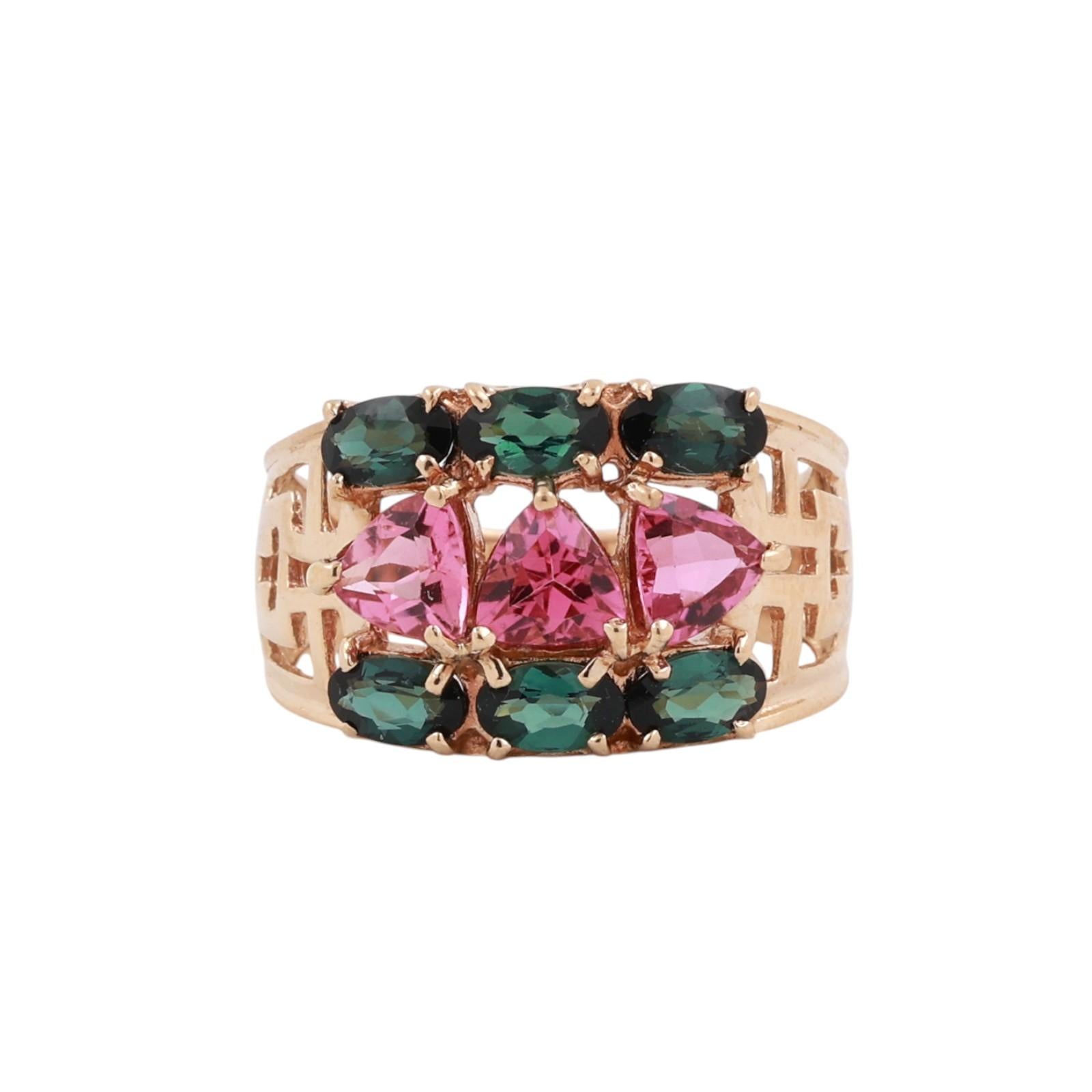 14K Yellow Gold Pink Green Tourmaline Ring Trillion Oval Greek Key Cocktail 7.25