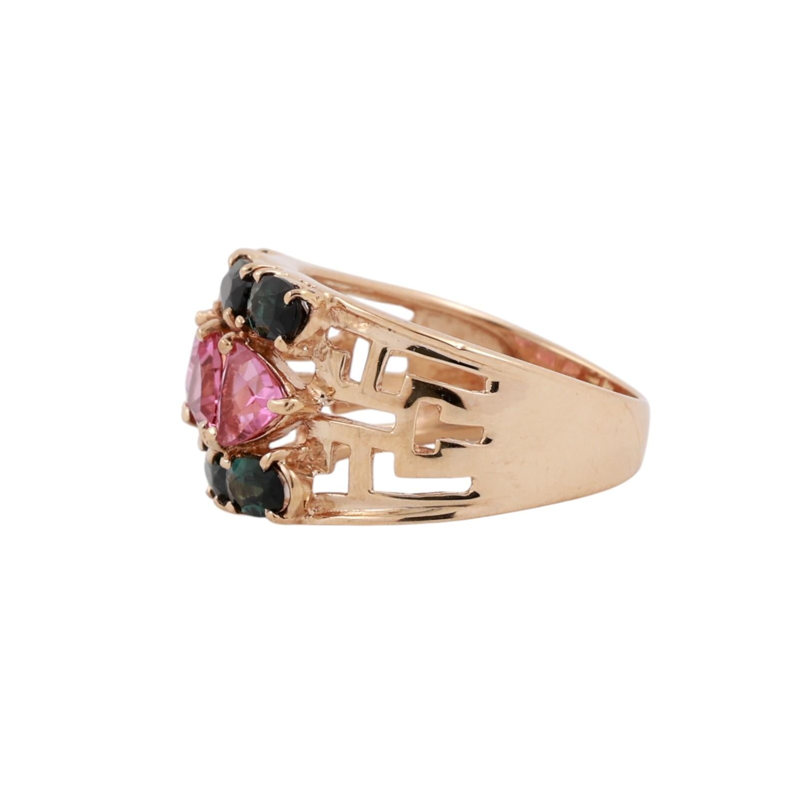 14K Yellow Gold Pink Green Tourmaline Ring Trillion Oval Greek Key Cocktail 7.25
