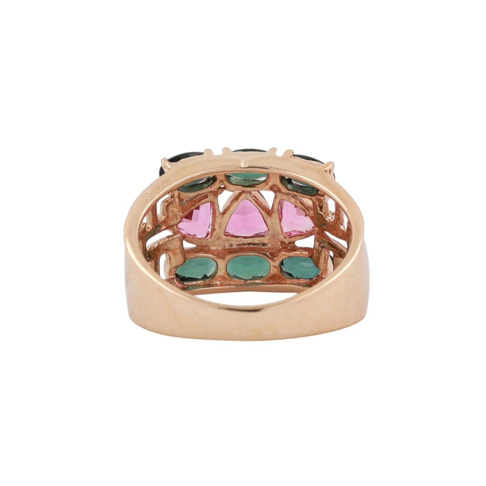 14K Yellow Gold Pink Green Tourmaline Ring Trillion Oval Greek Key Cocktail 7.25