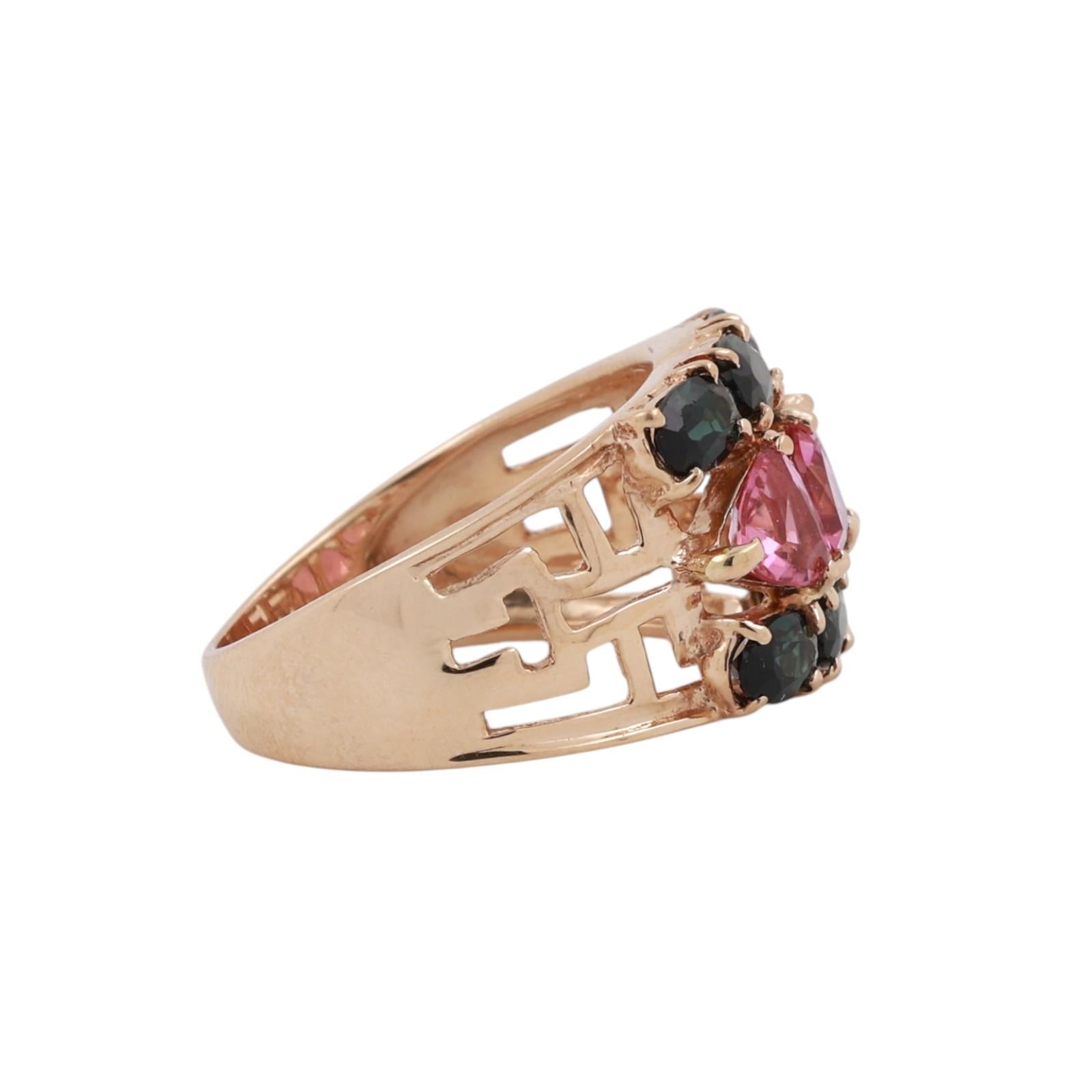 14K Yellow Gold Pink Green Tourmaline Ring Trillion Oval Greek Key Cocktail 7.25